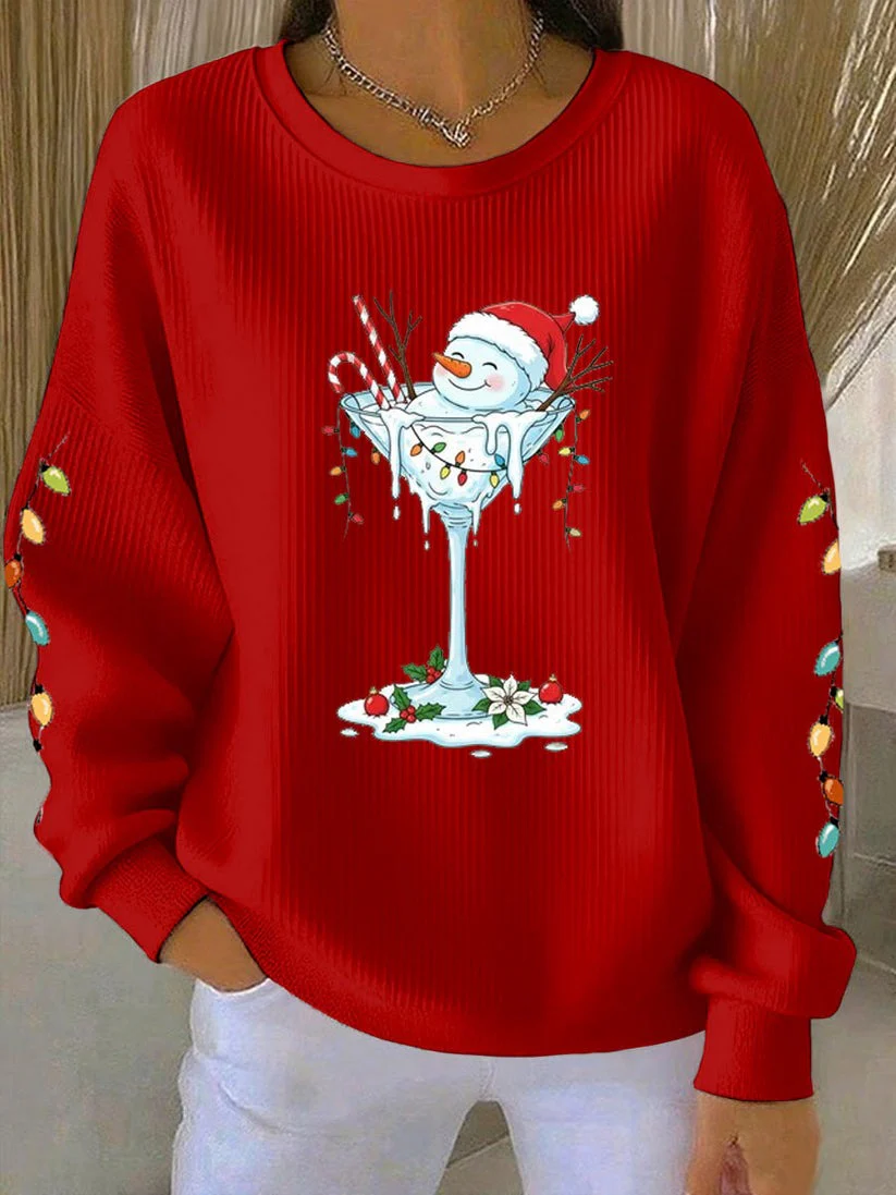 Winter Christmas Art Print Casual Crew Neck Pullover Sweater