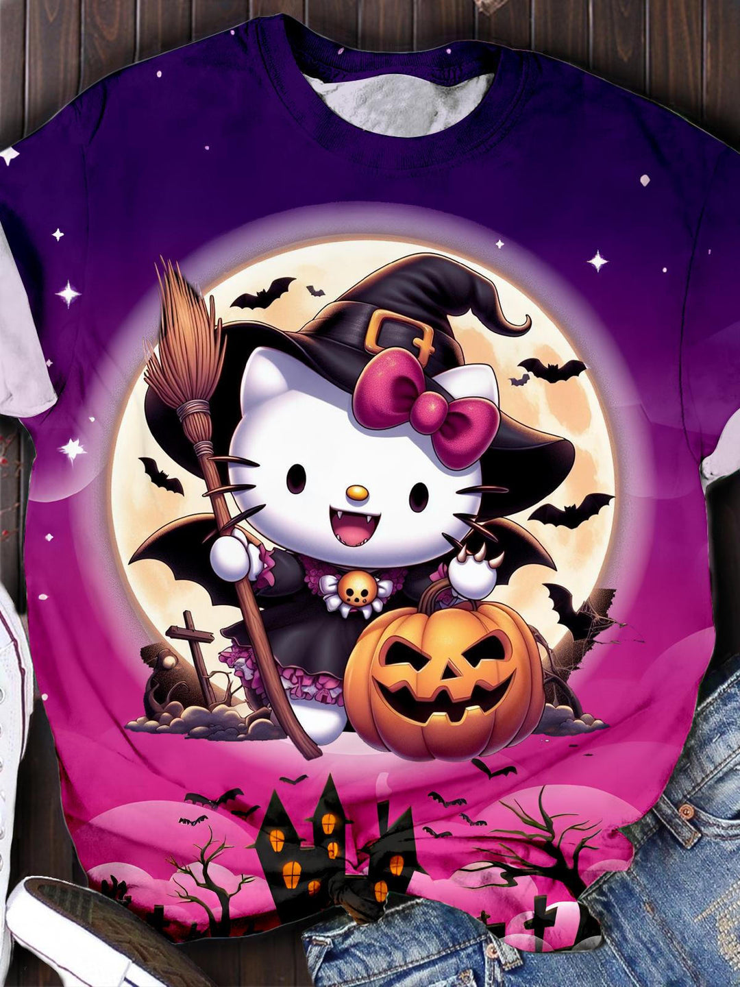Halloween Hello Kitty Witch Crew Neck T-shirt