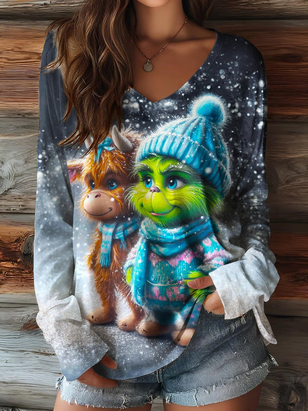 Christmas Grinch Print V-neck Long Sleeve Top