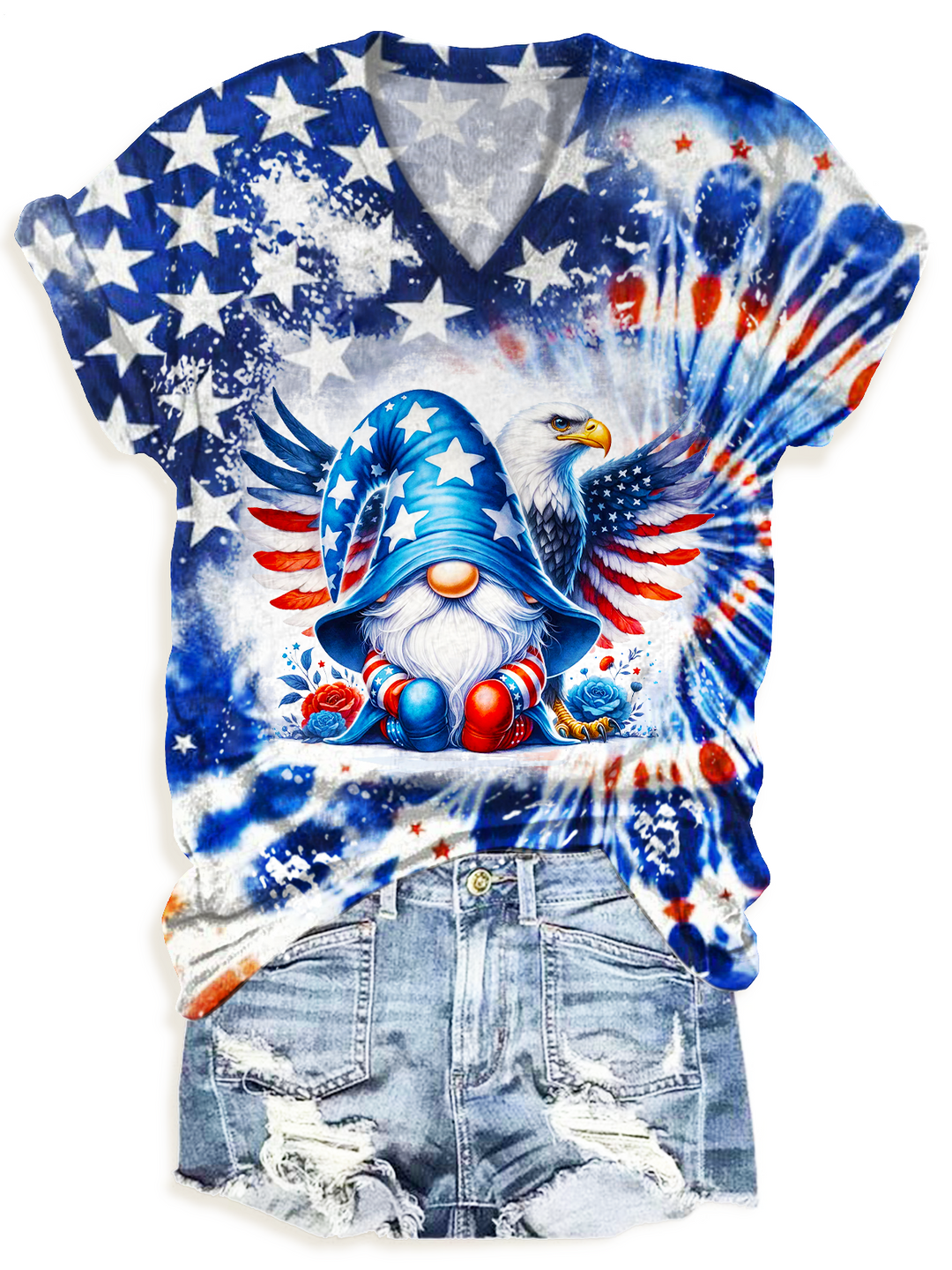 July 4th Patriotic Gnome Eagle Art V-neck T-Shirt