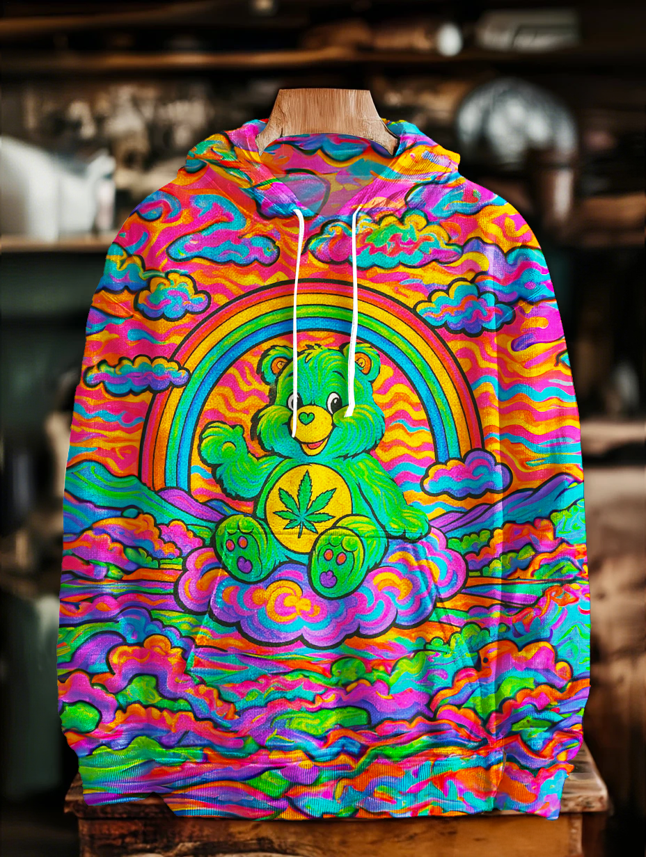 Rainbow Hippie Bear Unisex Long Sleeve Hooded Pocket Sweatshirt
