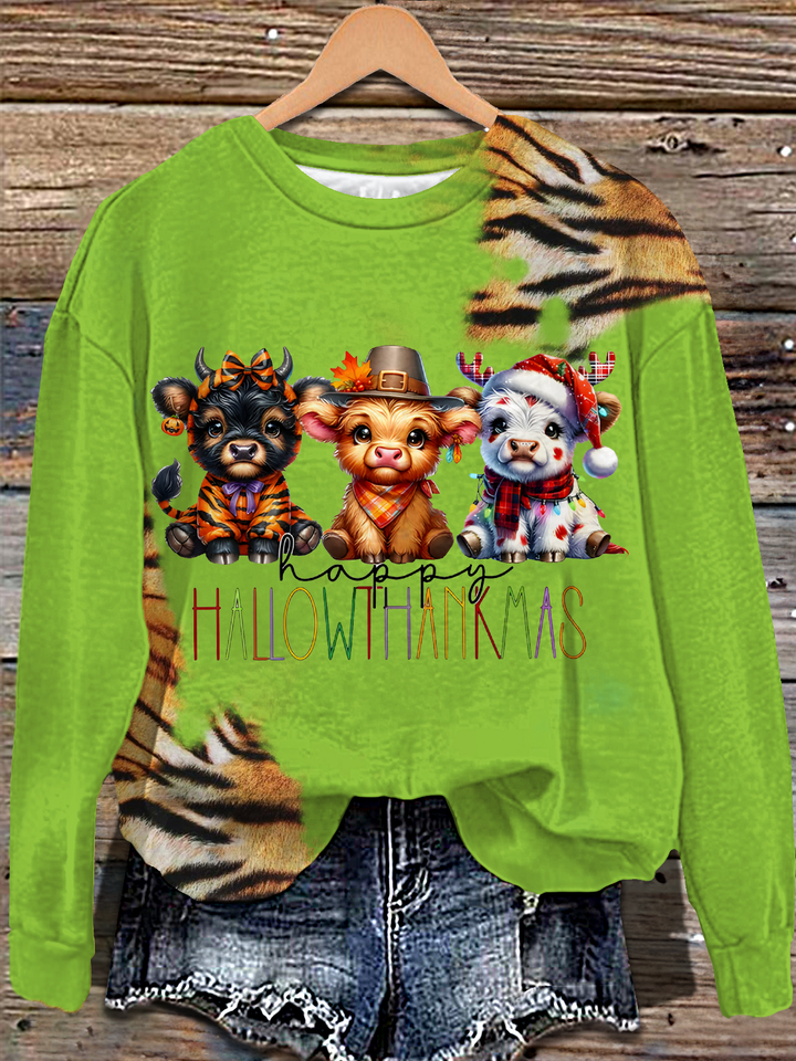 Halloween Highland Cows Christmas Thanksgiving Printed Long Sleeve Casual Top