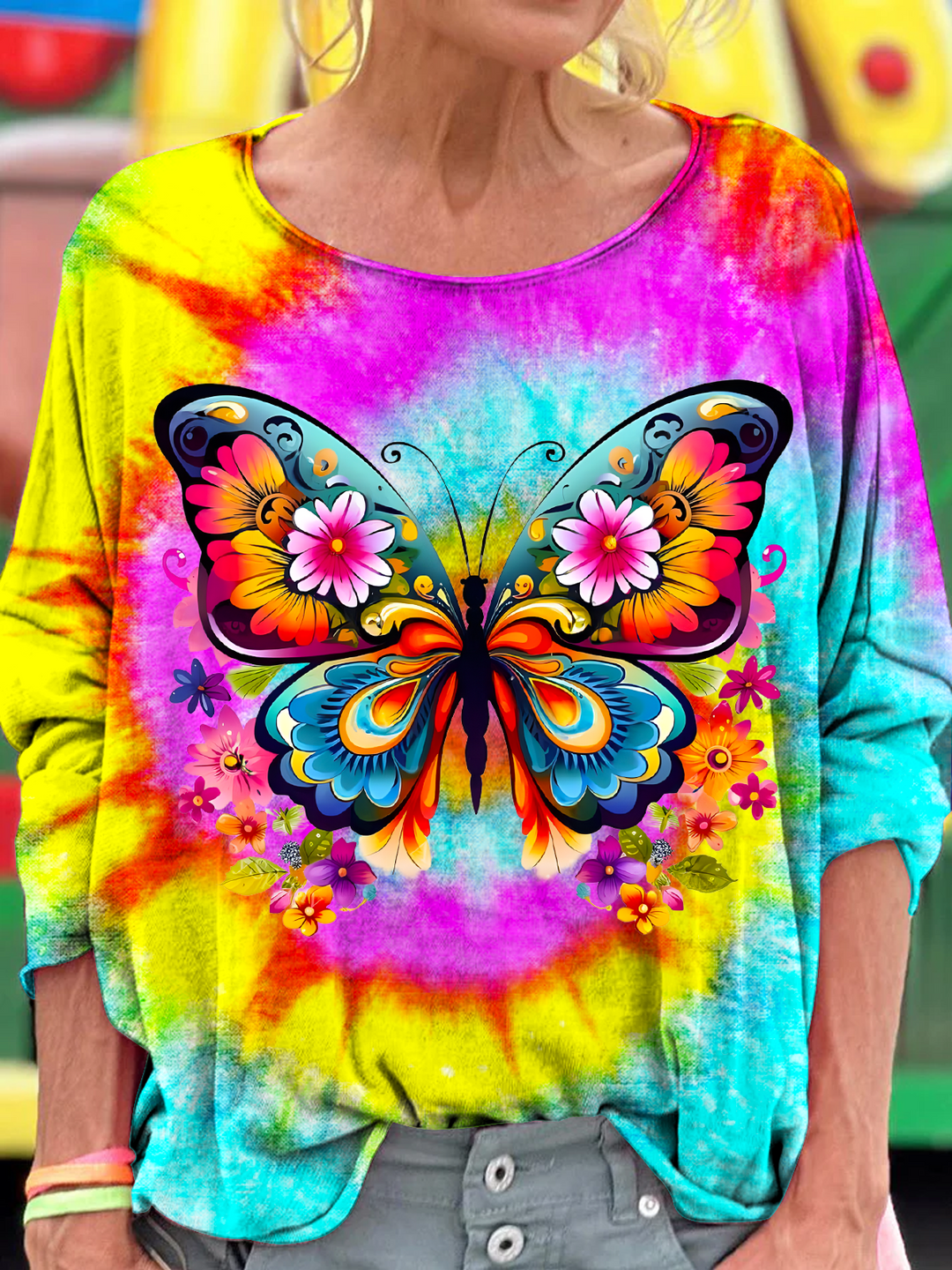 Vintage Tie Dye Hippie Butterfly Art Dropped Shoulders Long Sleeves T-shirt