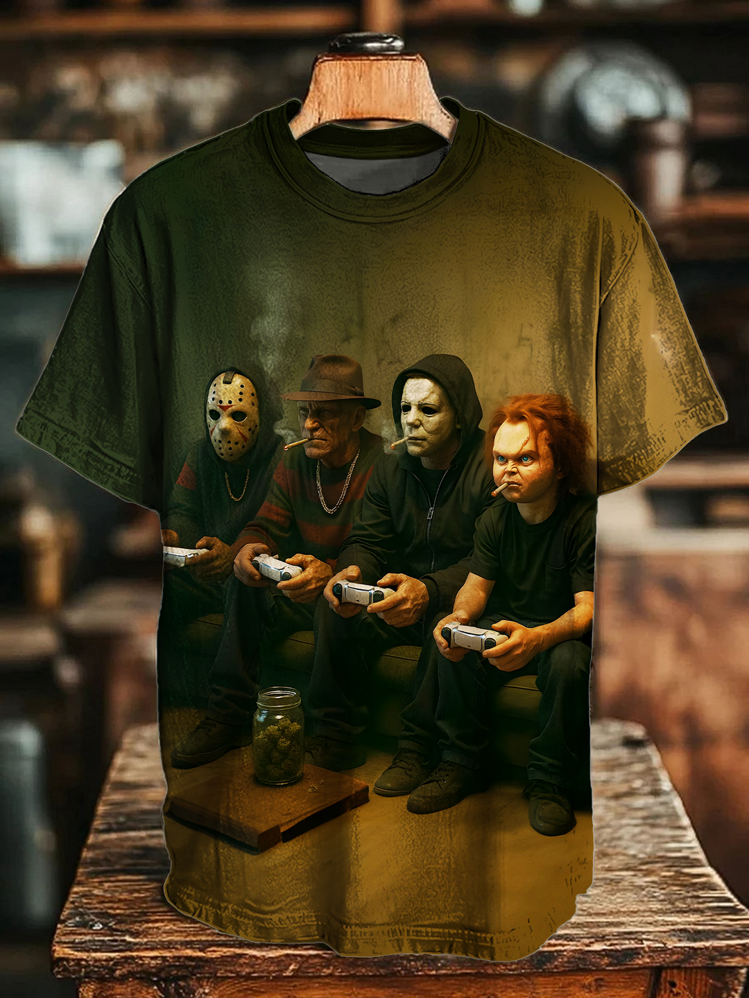 Funny Horror Movie Characters Crew Neck T-shirt