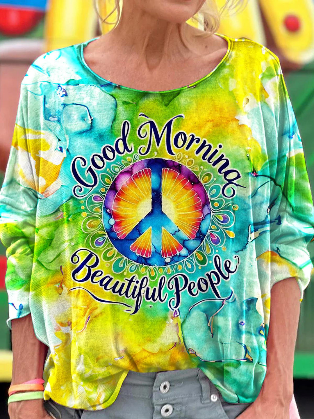 Love And Peace Hippie Print Comfortable Dropped Shoulders Long Sleeves