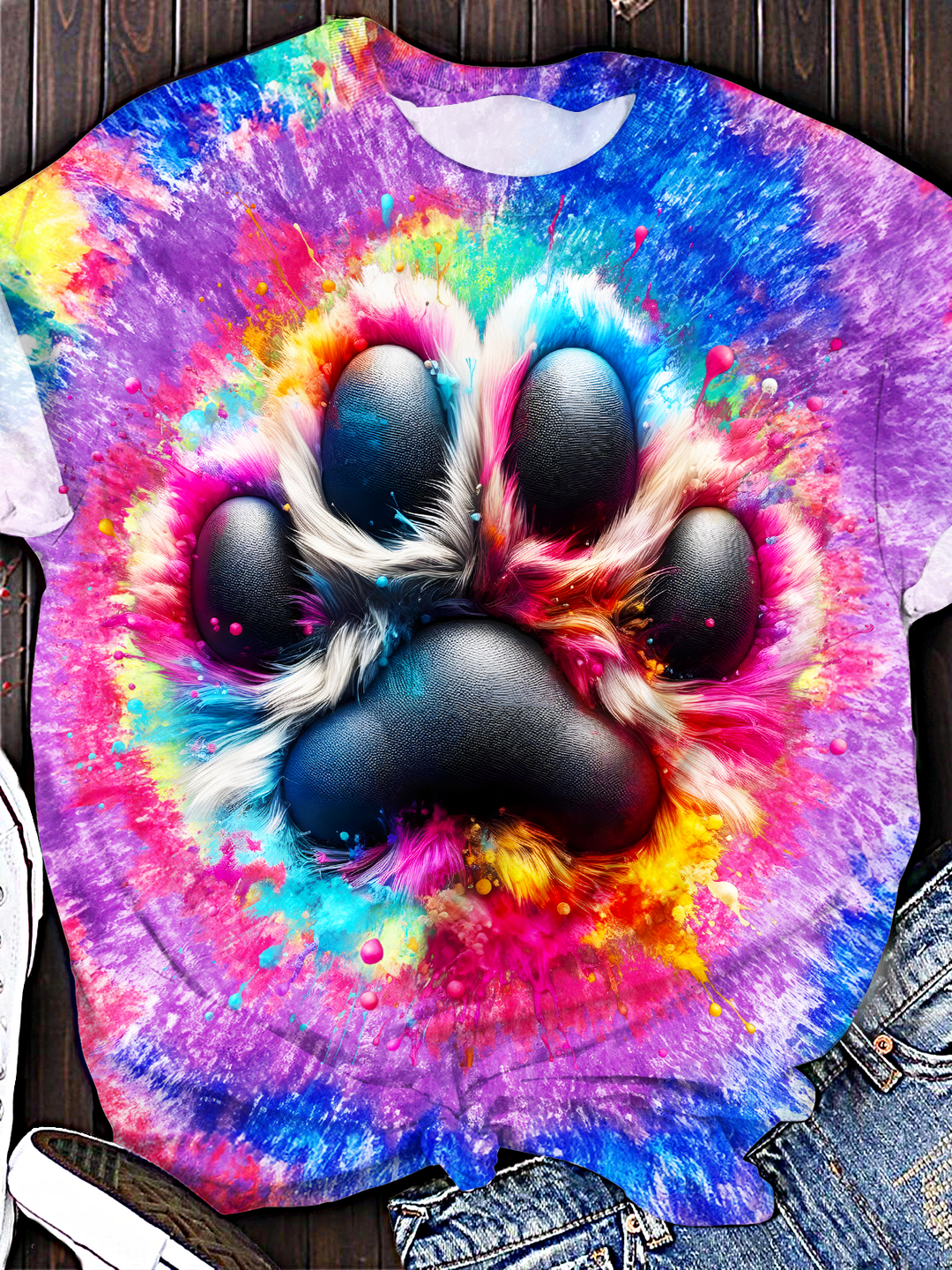 Colorful Tie Dye Hippie Dog Paw Art Crew Neck T-shirt