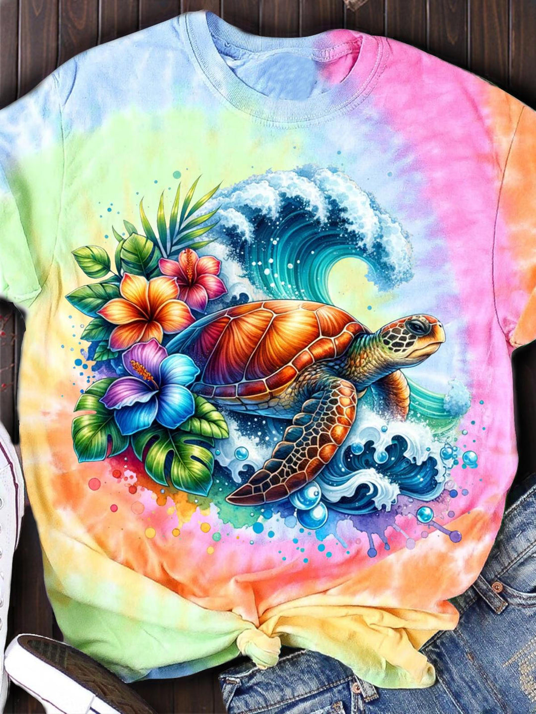 Sea Turtle Tie Dye Printed Crew Neck T-shirt