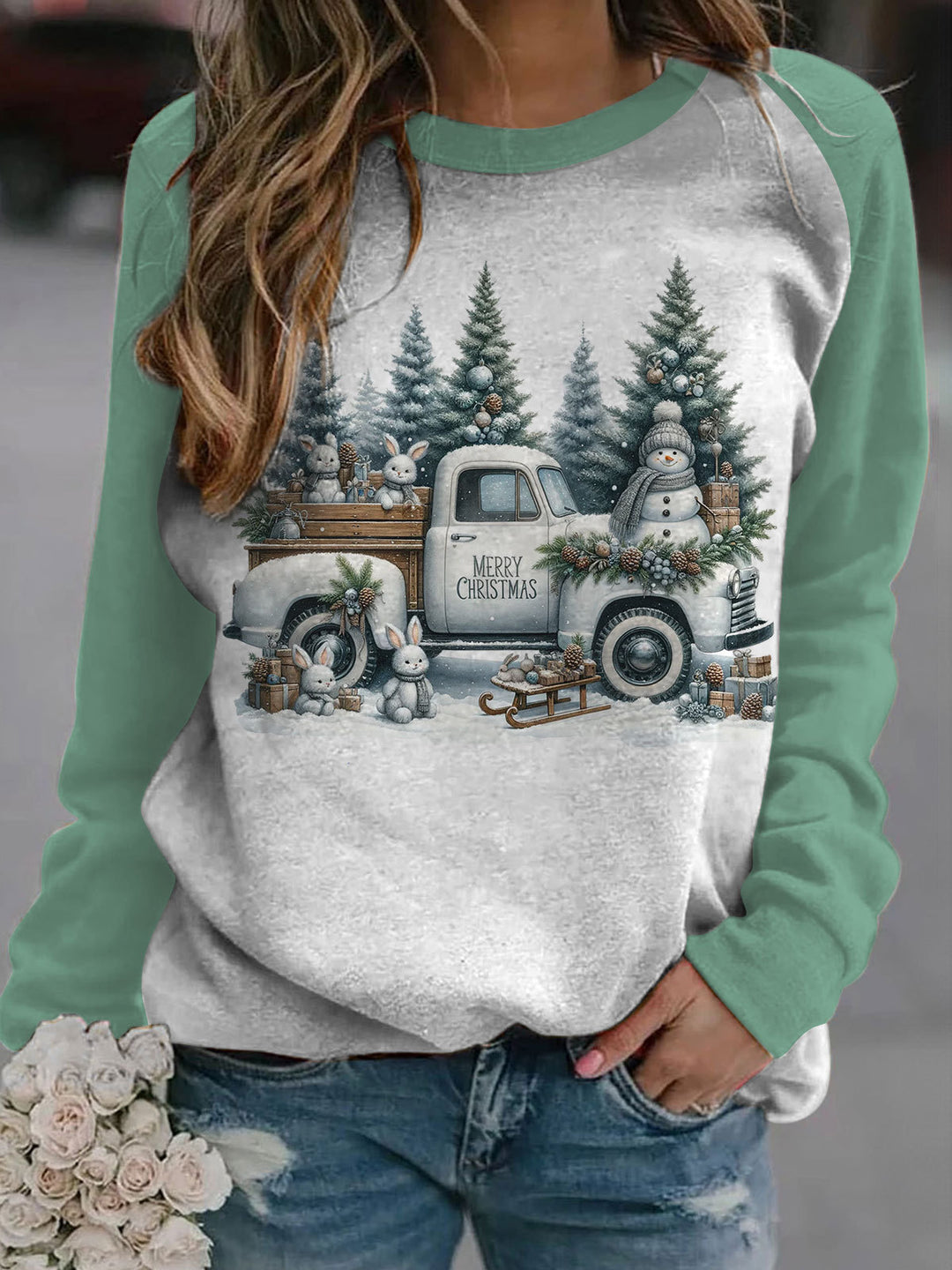 Merry Christmas Snowman Truck Printed Long Sleeve Casual Top