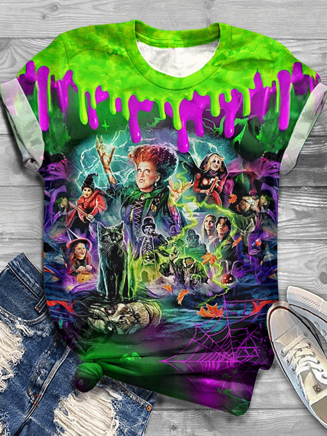 Halloween Neon Witch Movie Print Crew Neck T-shirt
