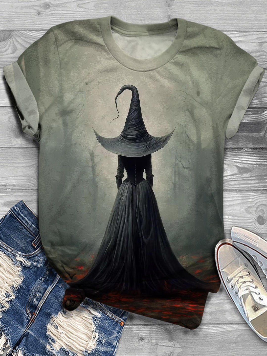 Vintage Halloween Witch Crew Neck T-shirt