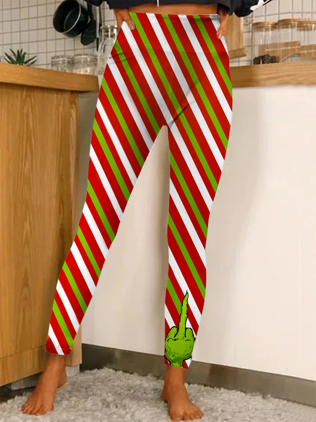 Funny Green Middle Finger Stripe Print Leggings