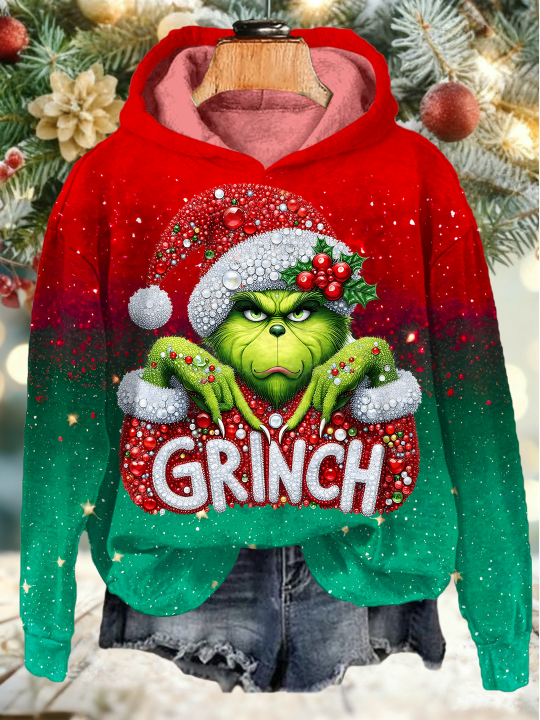 Sparkling Christmas Characters Long Sleeve Printed Hoodie