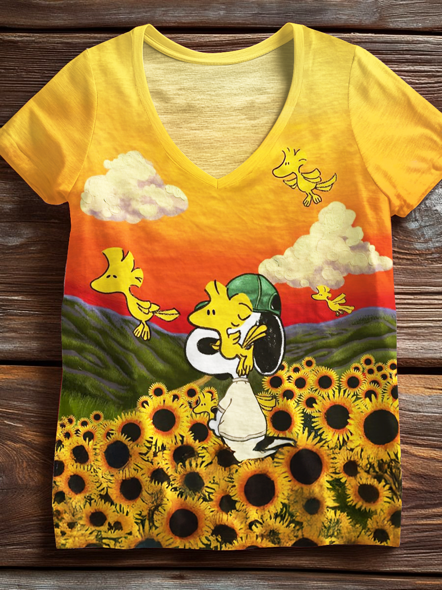 Fun Holiday Sunflower Snoopy V-neck T-Shirt