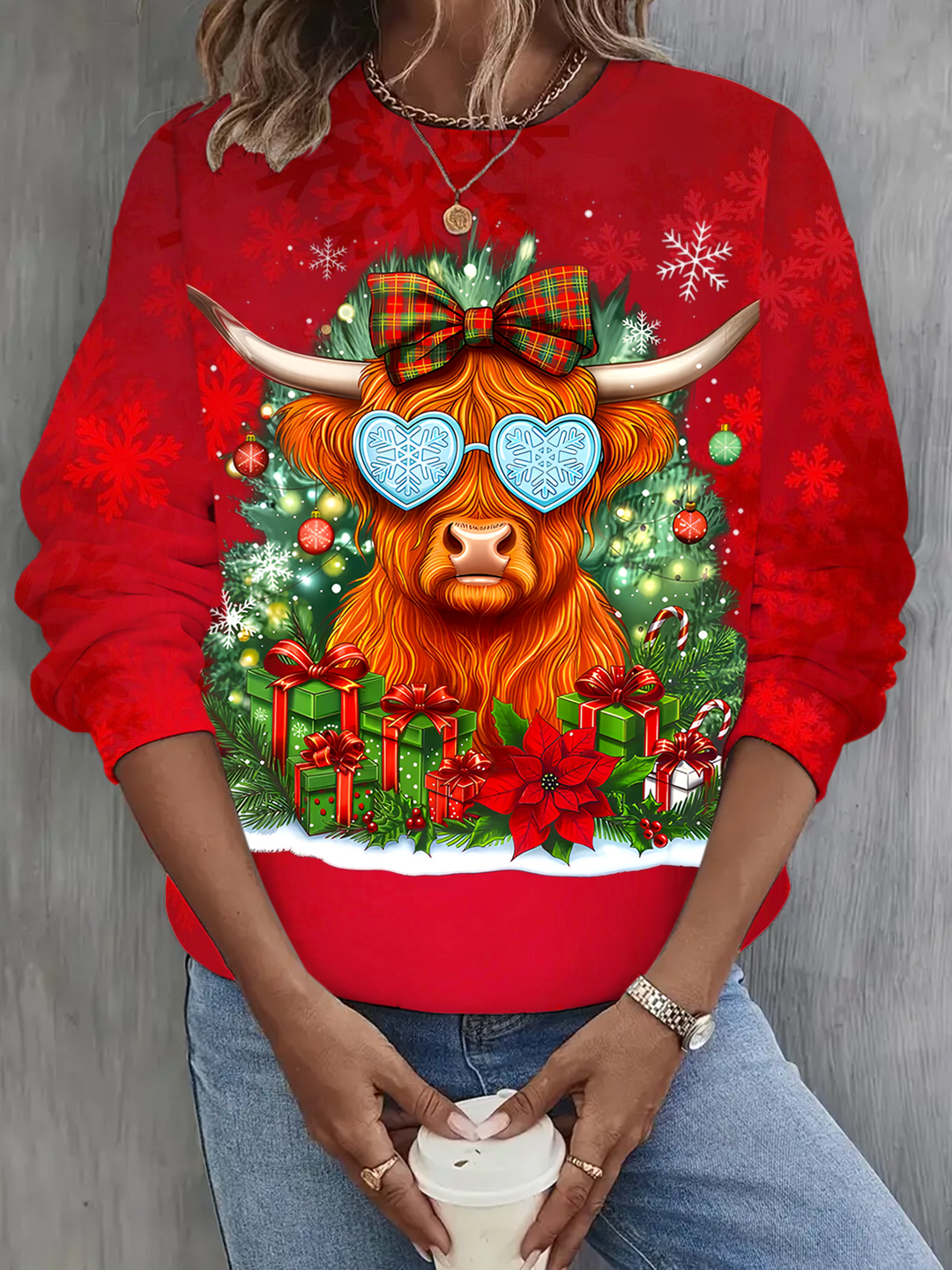 Glitter Christmas Highland Cow Printed Long Sleeve Casual Top