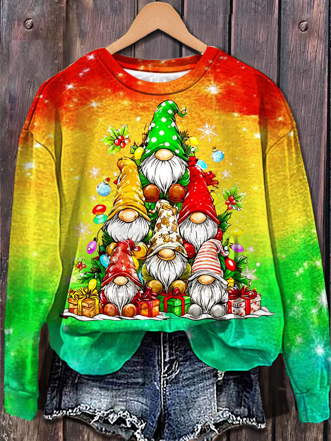 Christmas Dwarf Print Long Sleeve Casual Top