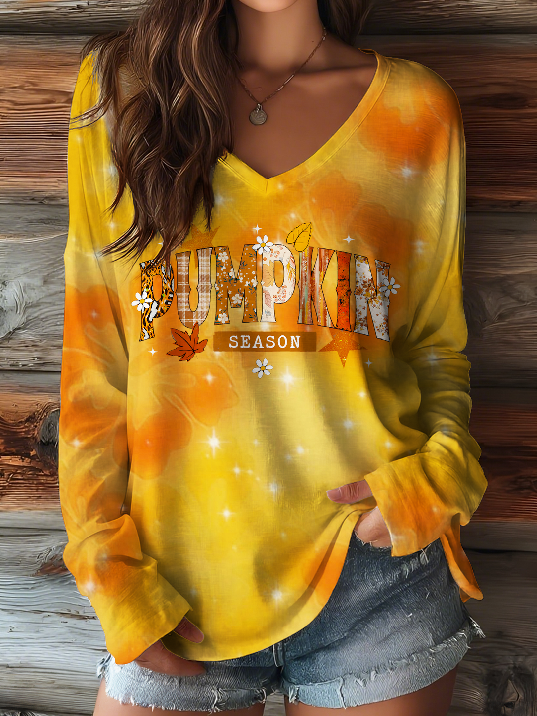 Pumpkin Season V-neck Long Sleeve Top