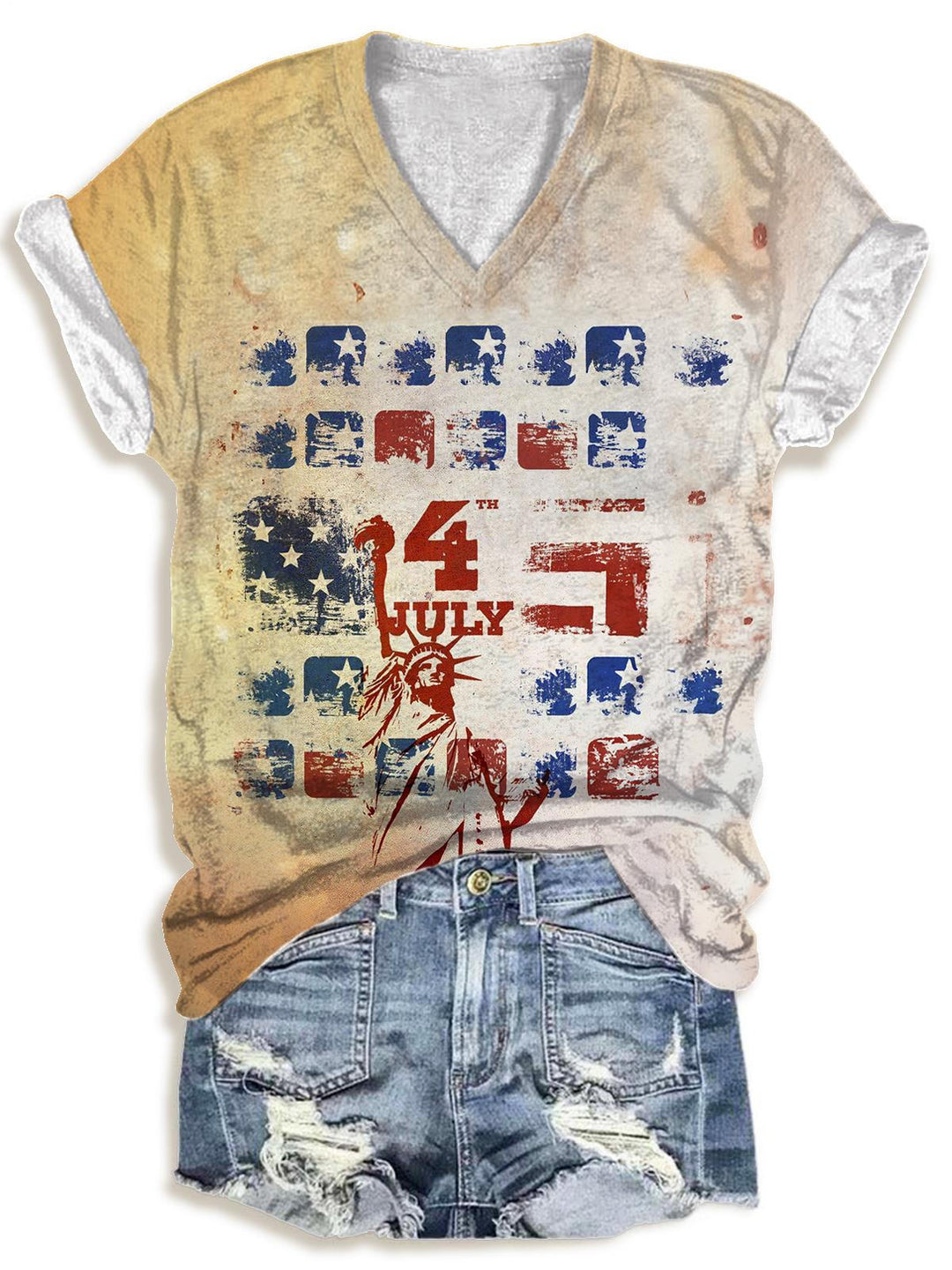 Retro Block Contrast Print V-neck T-Shirt