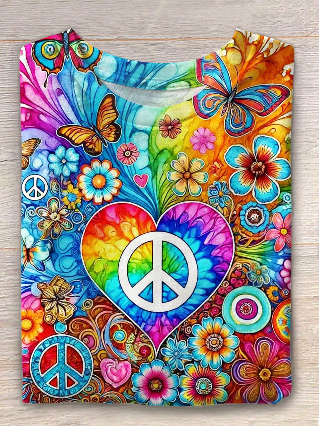 Rainbow Hippie Flowers Butterfly Love Peace Art Crew Neck T-shirt