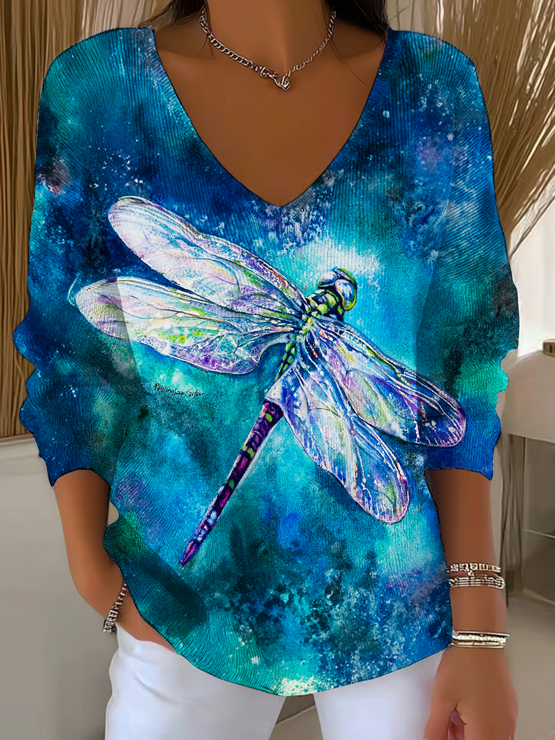 Hippie Diamond Dragonfly Casual V Neck Pullover Sweater