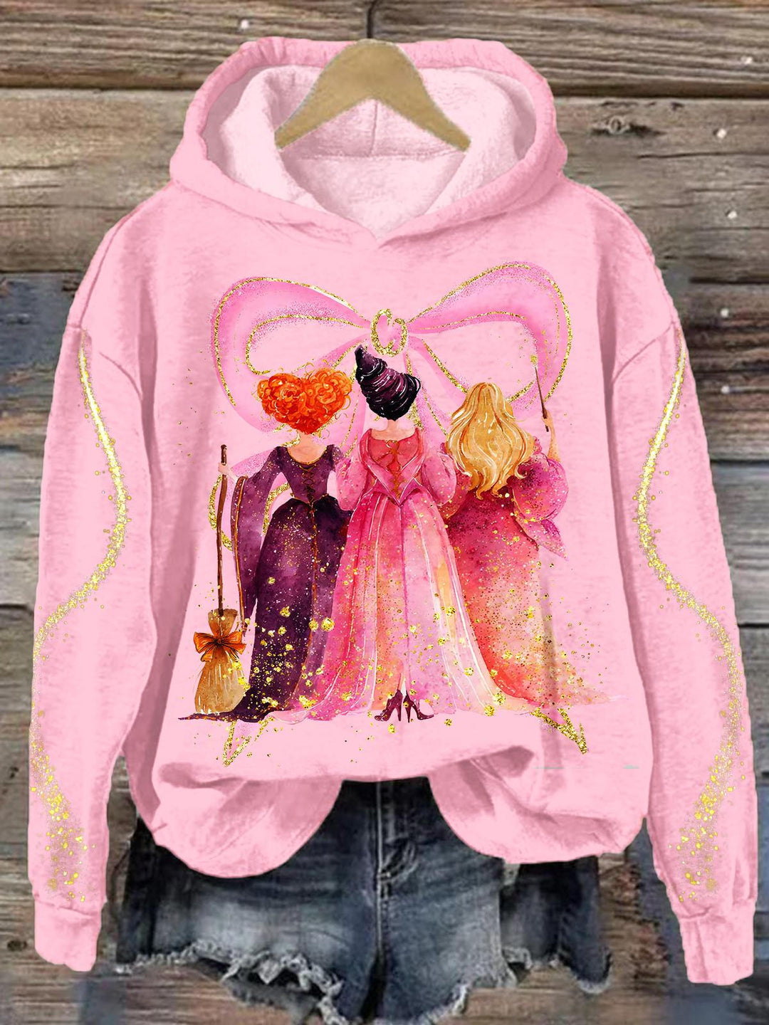 Halloween Witch Bowknot Print Long Sleeve Printed Hoodie