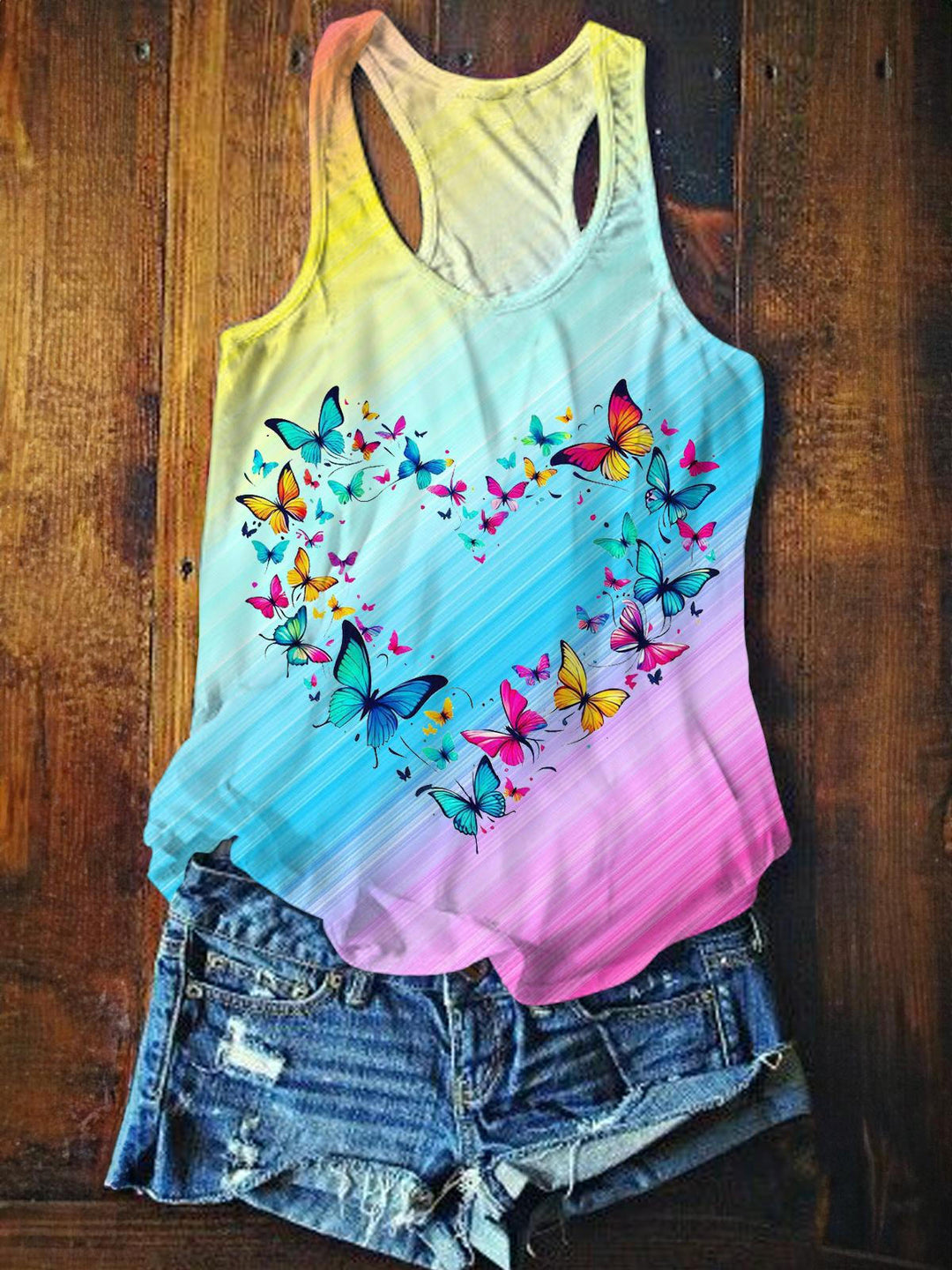 Colorful Tie-Dye Butterfly Love Printed Casual Tank Top