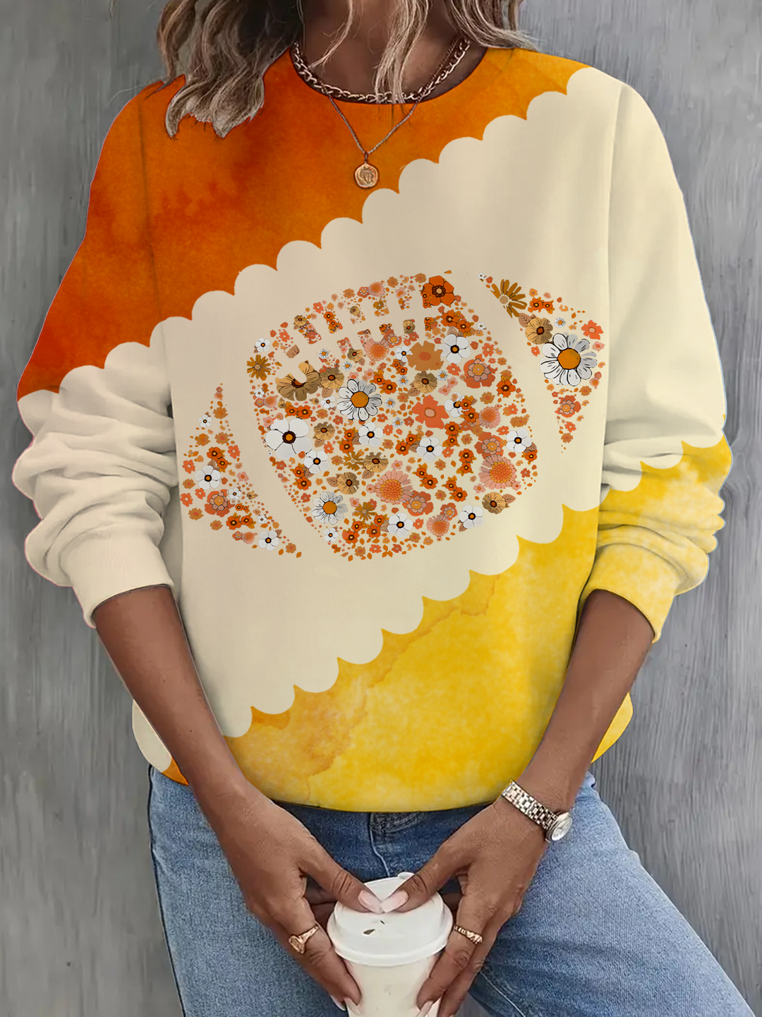 Floral Football Printed Long Sleeve Casual Top
