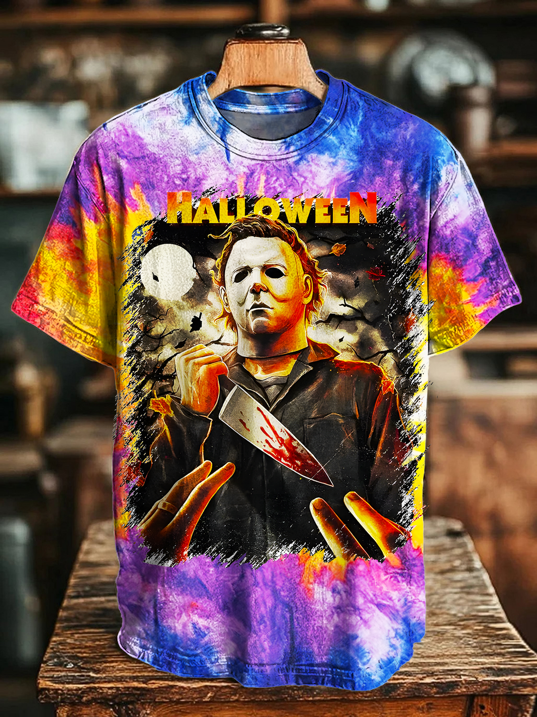 Tie-dye Retro Halloween Characters Crew Neck T-shirt
