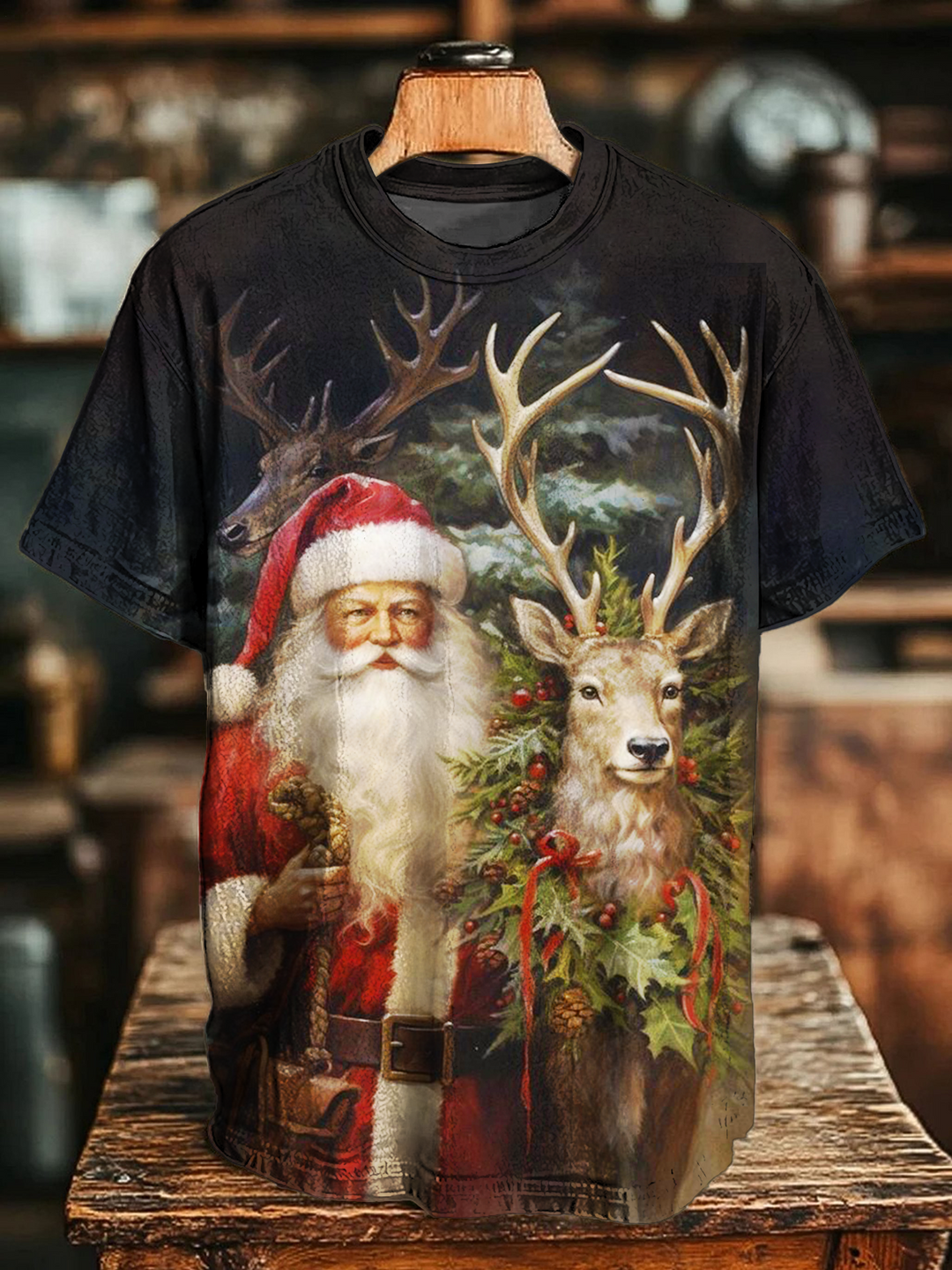 Santa Claus And Reindeer Crew Neck T-shirt
