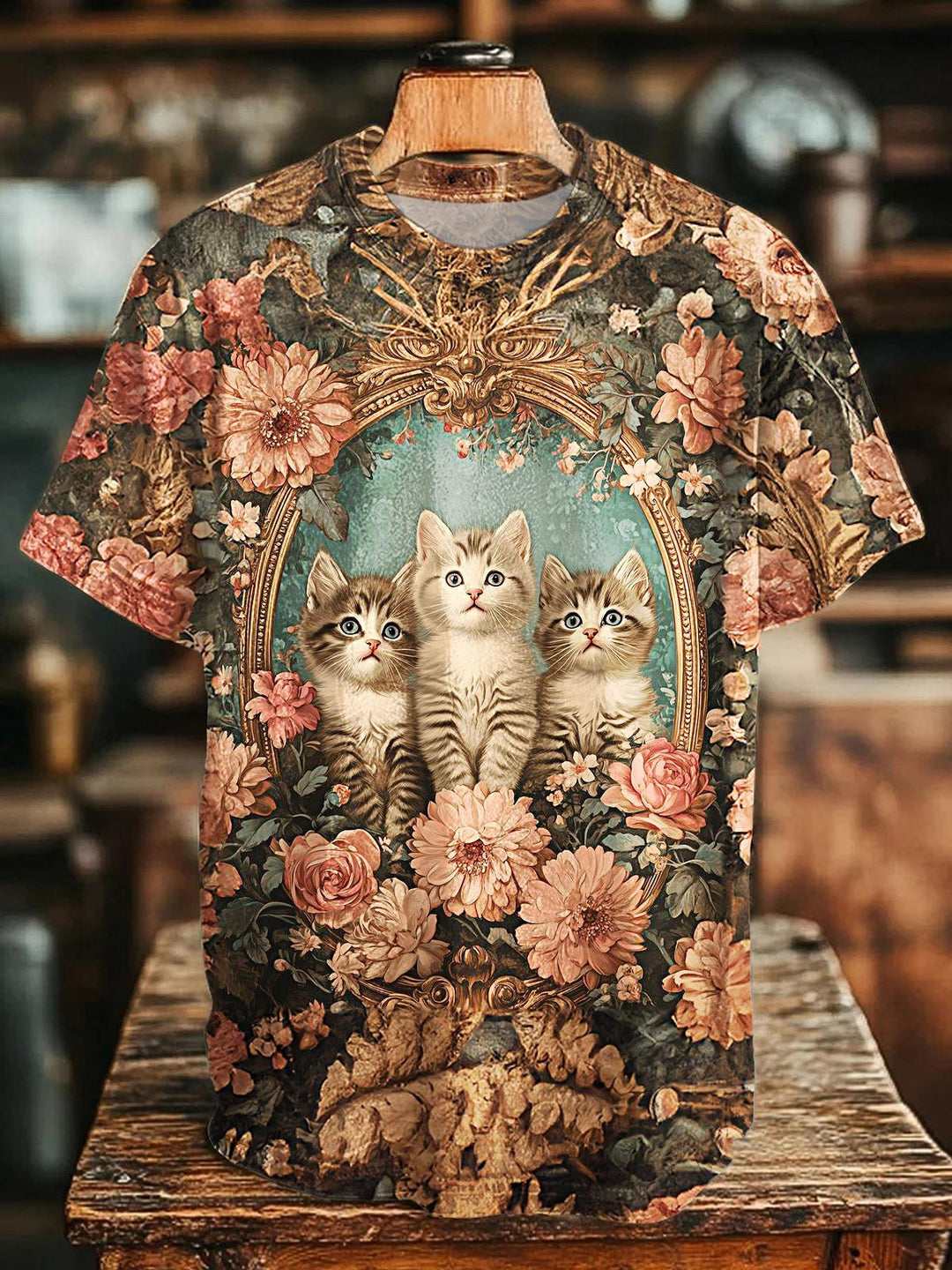 Retro Flowers And Cat Printed Crew Neck T-shirt