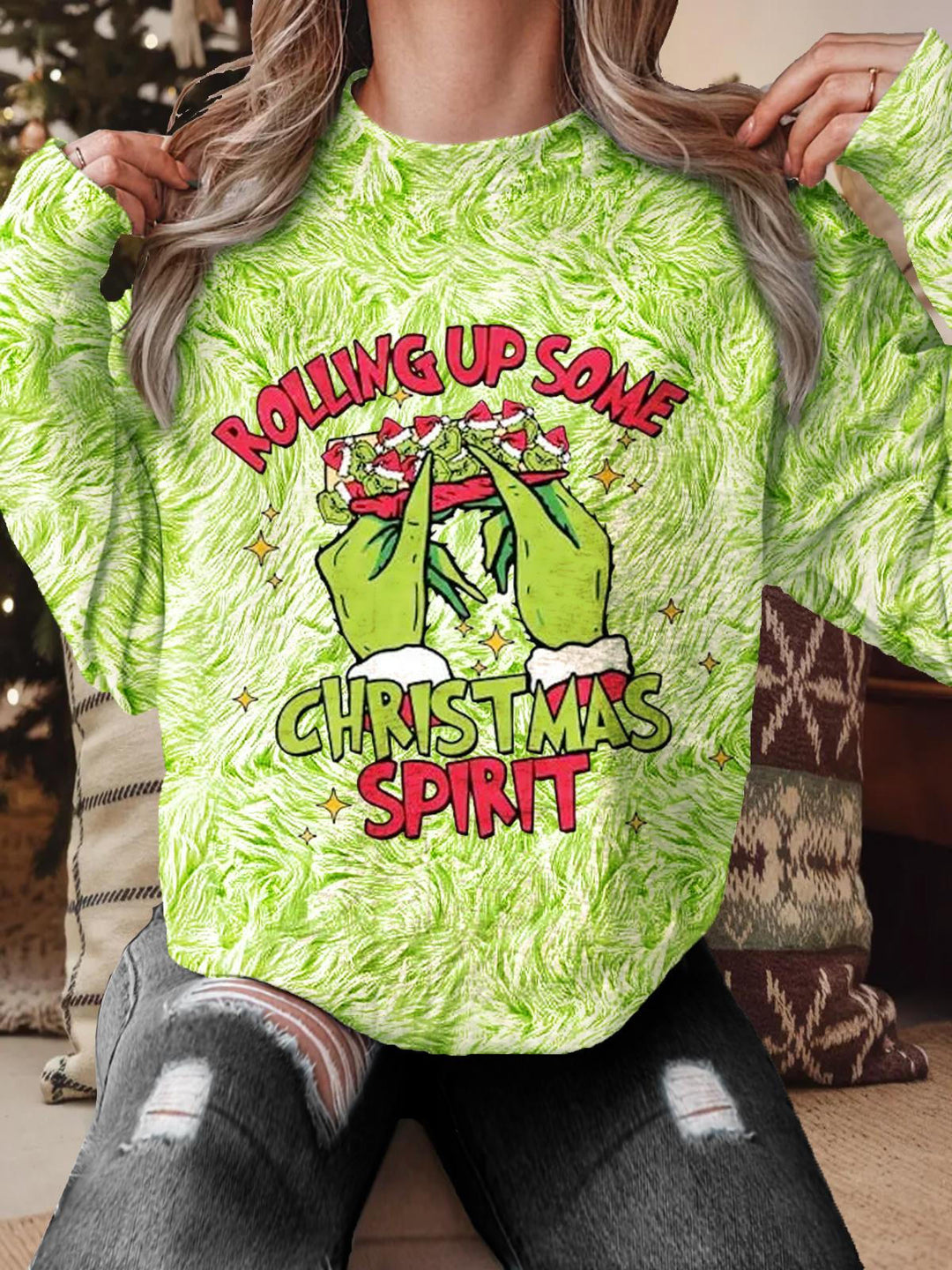 Women's Green Fur Fun Christmas Printed Long Sleeve Casual Top