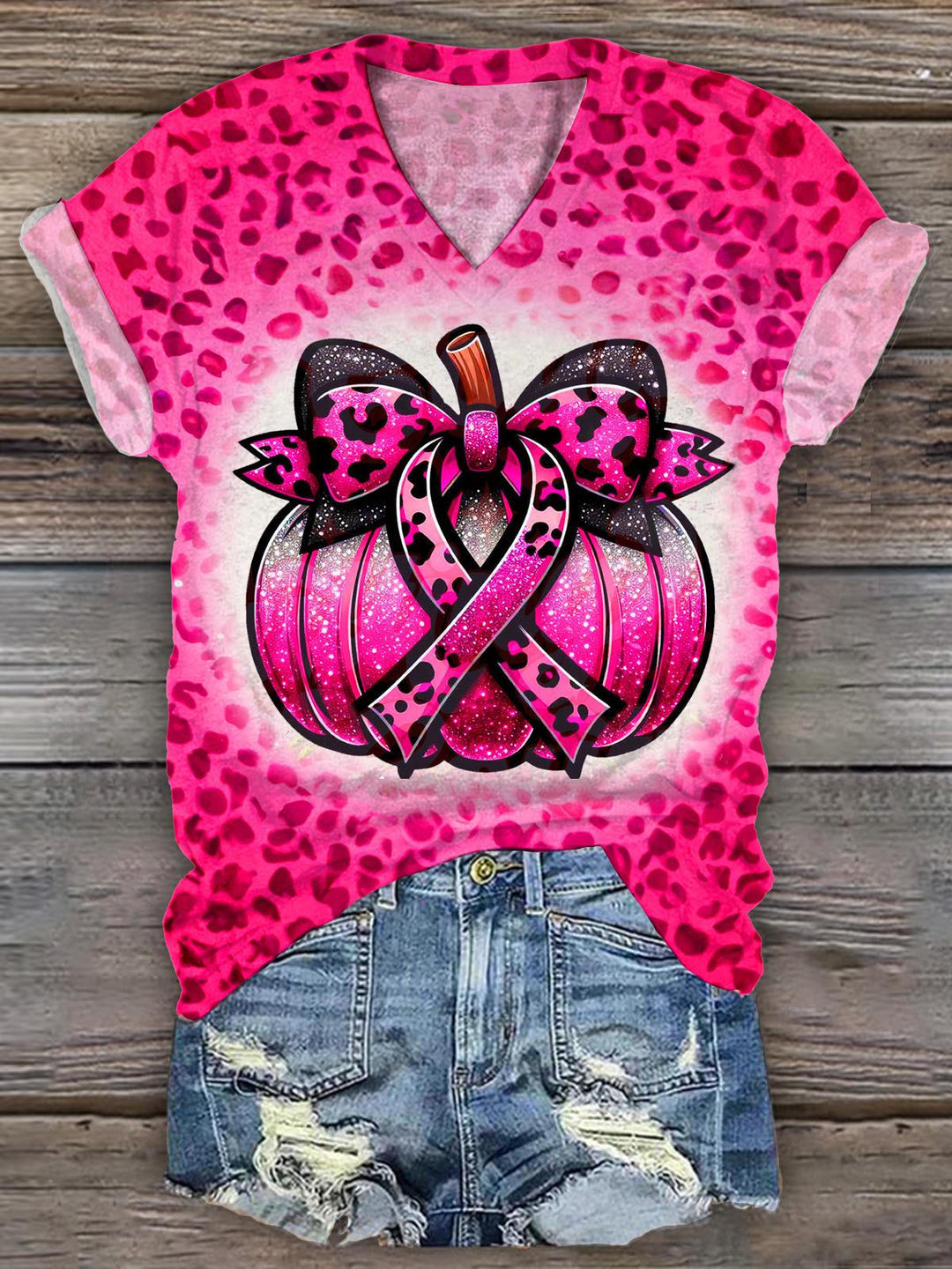 Women's Breast Cancer Pumpkin V-Neck T-Shirt