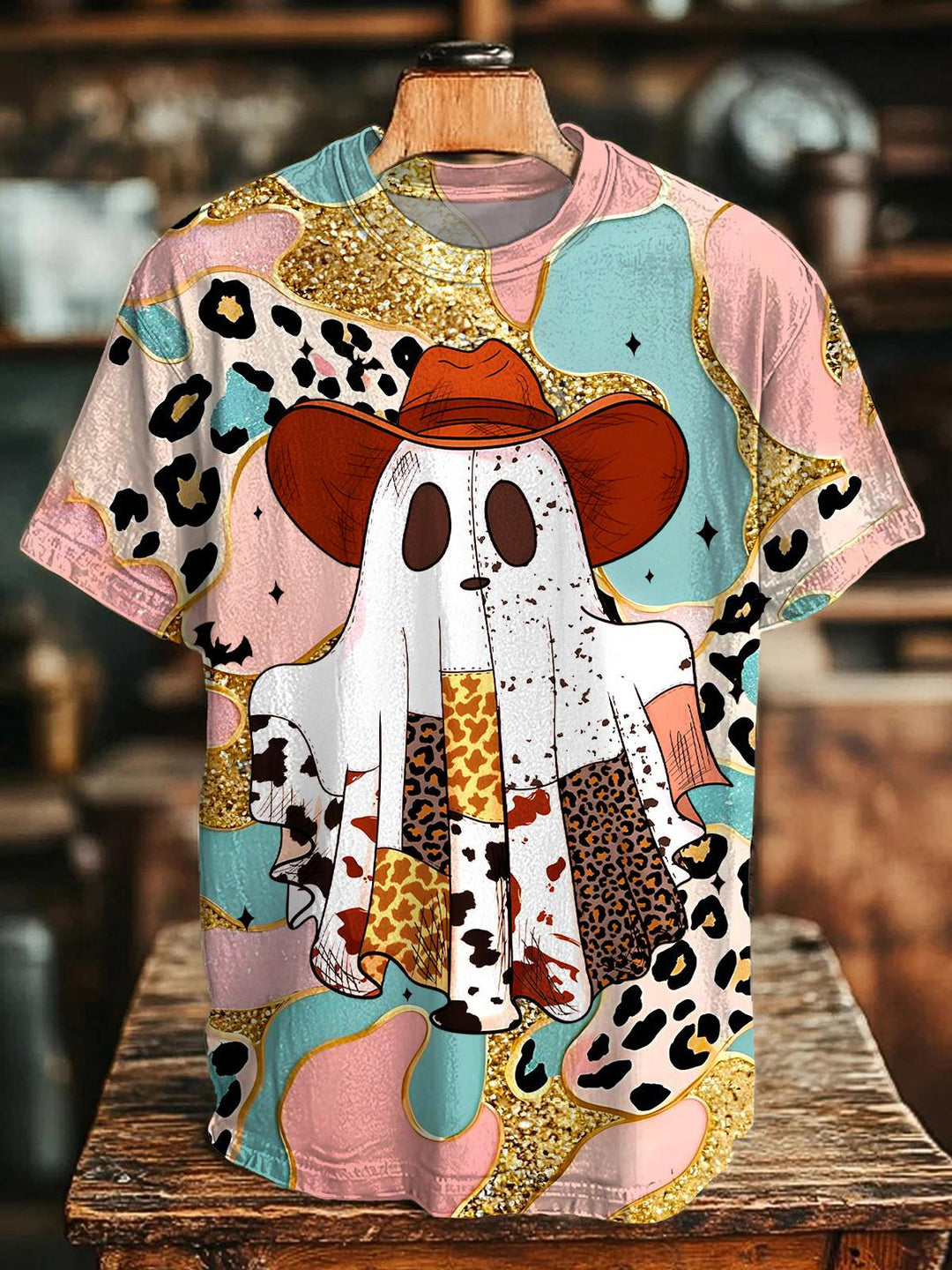 Halloween Denim Ghost Print Crew Neck T-shirt