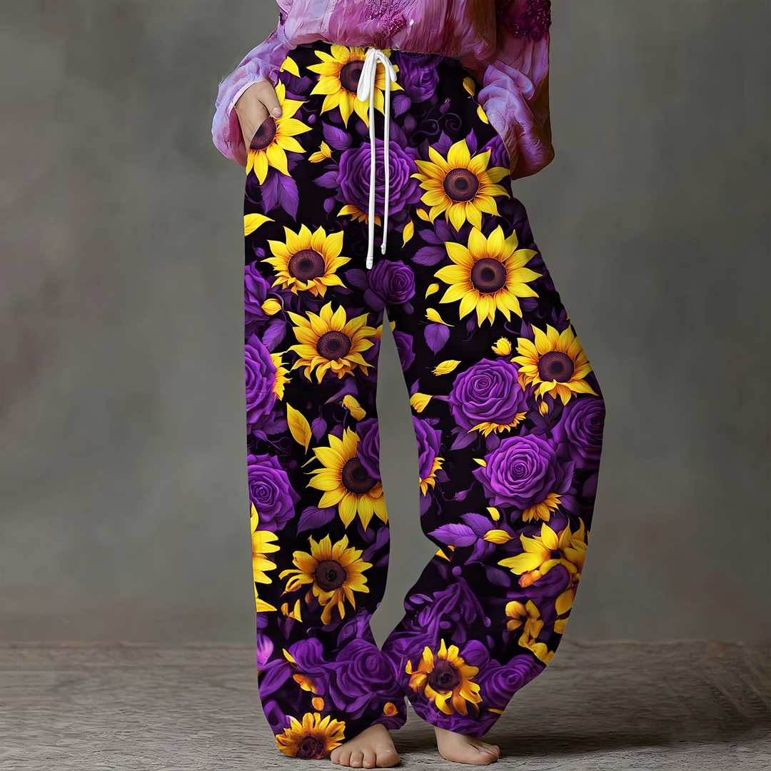 Women's Colorful Hippie Sunflower Rose Art Drawstring Wide-Leg Pants