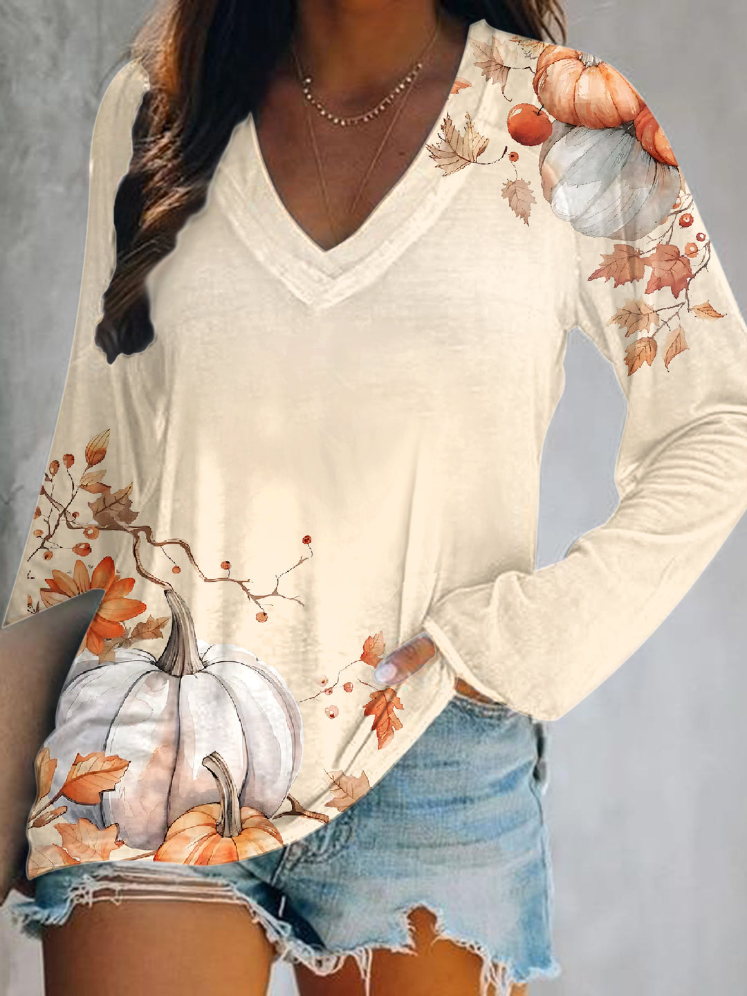 Autumn Art Pumpkin Print V-Neck Long Sleeve Top