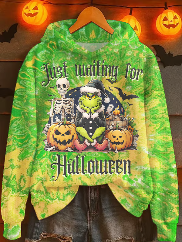 The Grinch Is Waiting For Halloween Long Sleeve Printed Hoodie