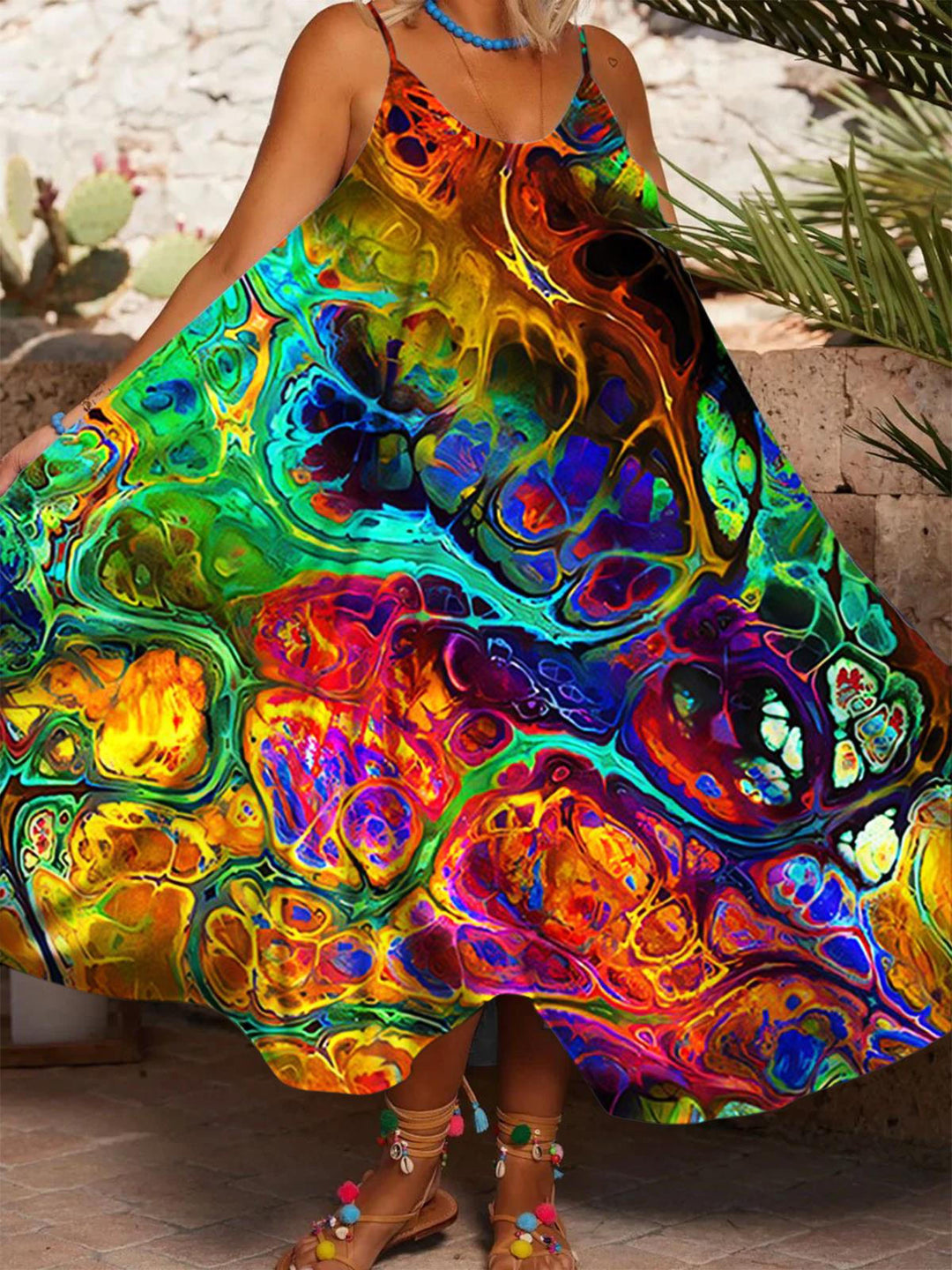 Abstract Printed Casual Spaghetti Strap Dress
