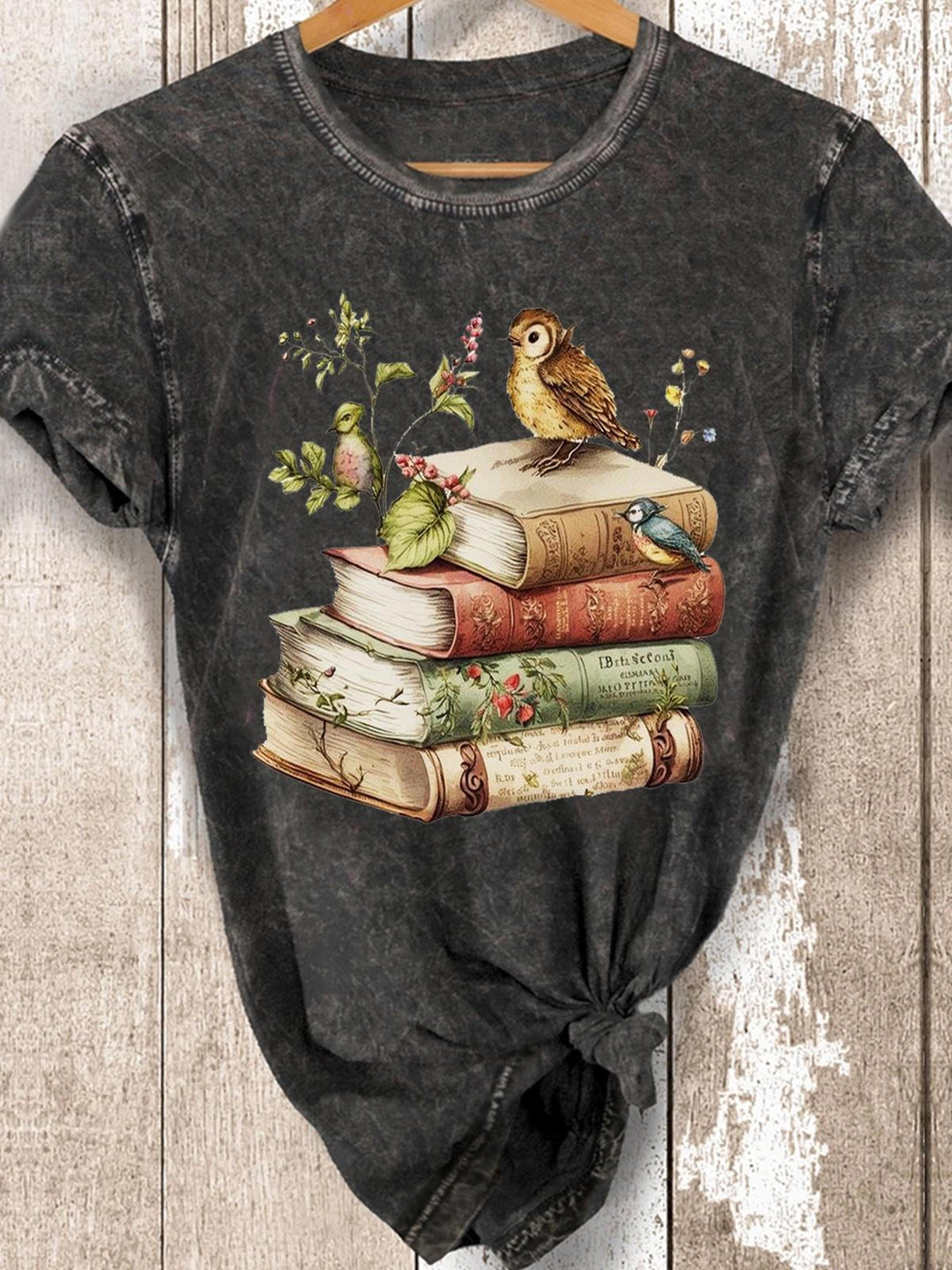 Vintage Book Bird Print Unisex Short Sleeve Washed T-Shirt