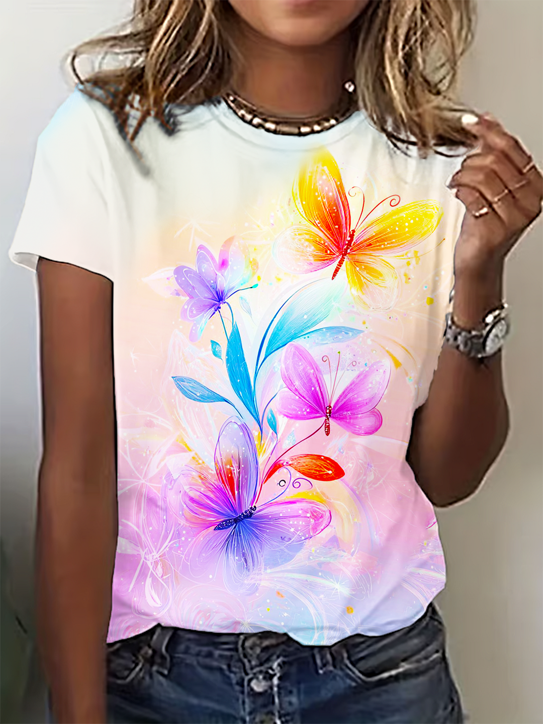 Ethereal Flowers Butterflies Crew Neck T-shirt