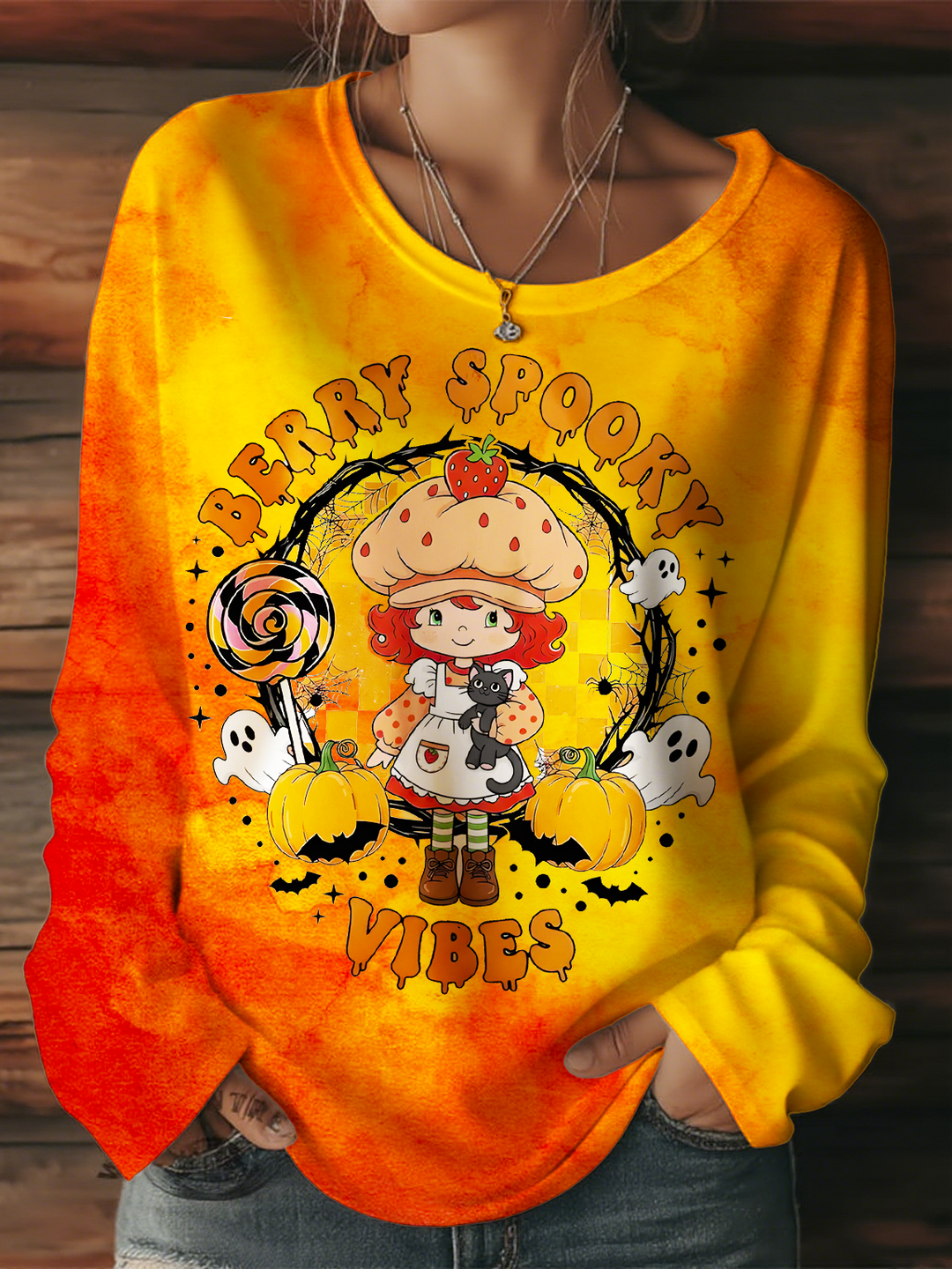 Retro Halloween Cartoon Spooky Vibes Women's Round Neck Long Sleeve T-shirt
