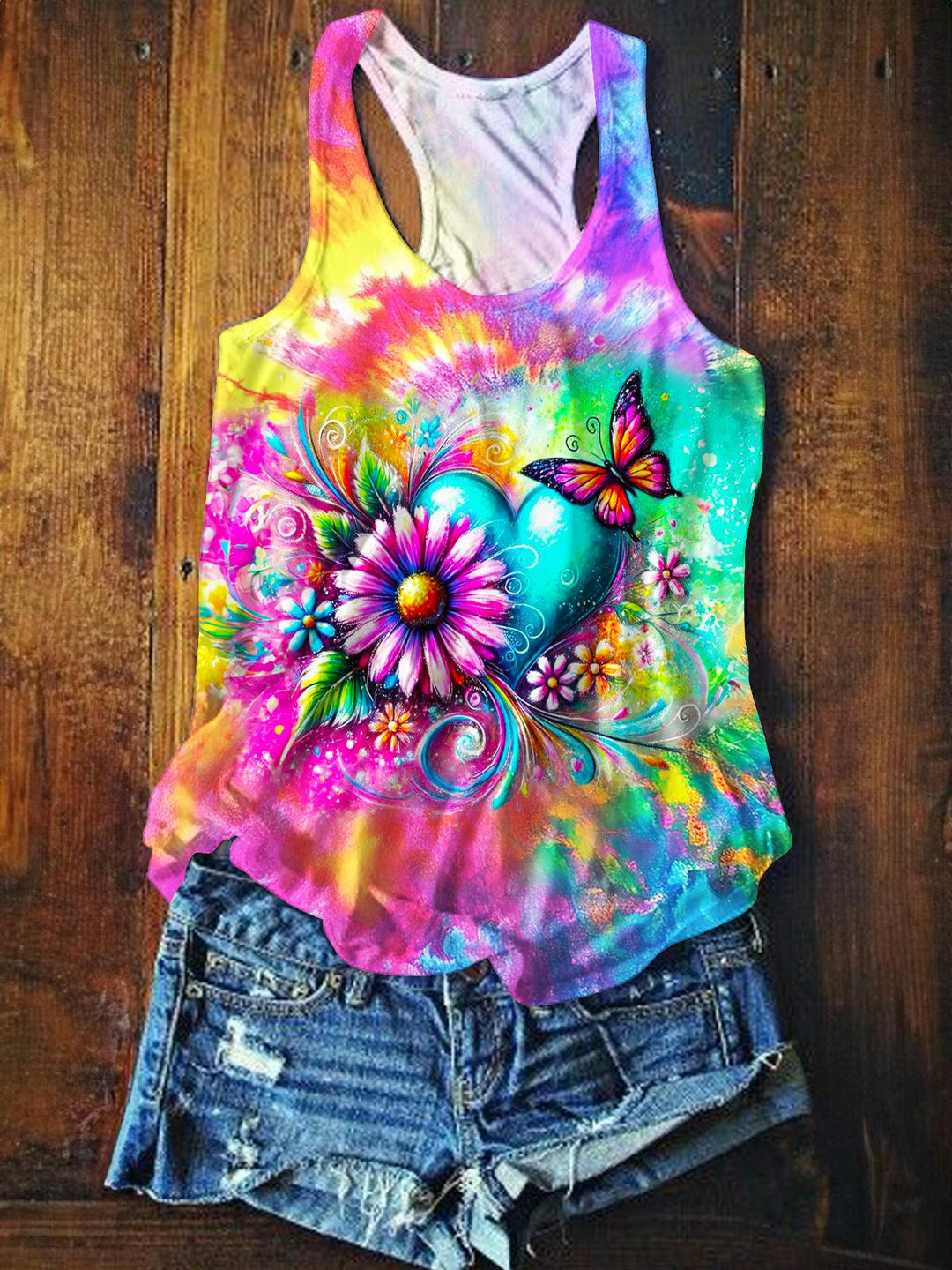 Flower Heart Butterfly Printed Casual Tank Top
