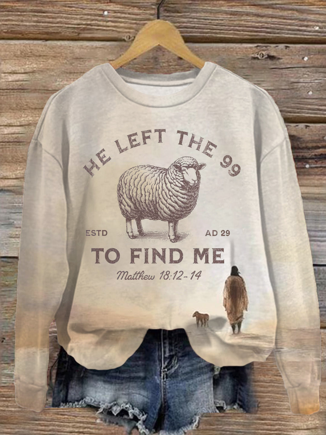 Jesus Leaves The 99 The Lord is My Shepherd Printed Long Sleeve Casual Top