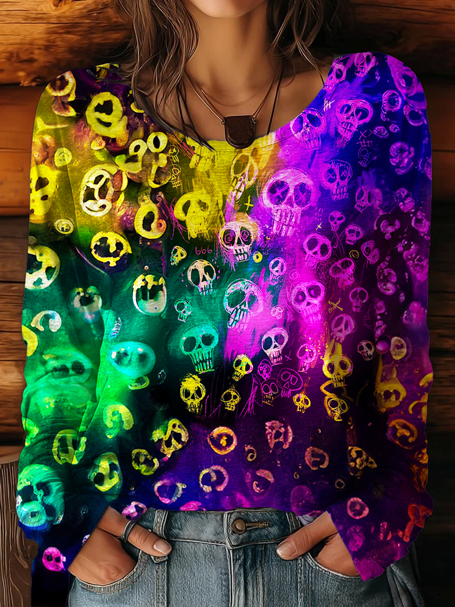 Colorful Halloween Skull Women's Round Neck Long Sleeve T-shirt