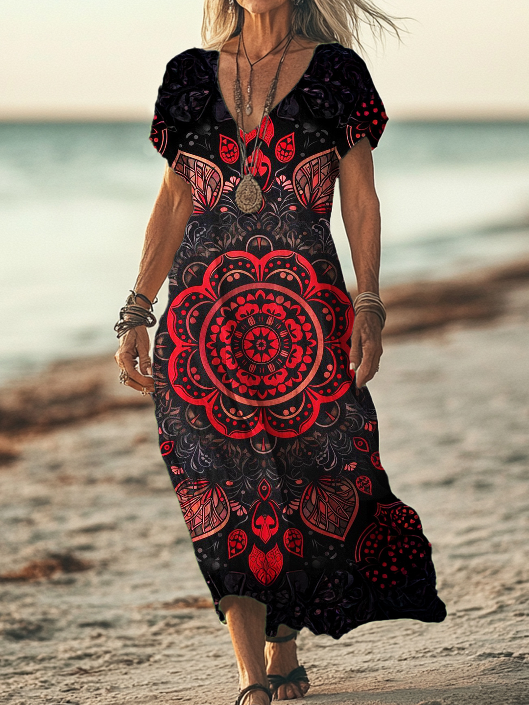 Retro Black And Red Ethnic Totem Art V-neck Short Sleeved Long Dress