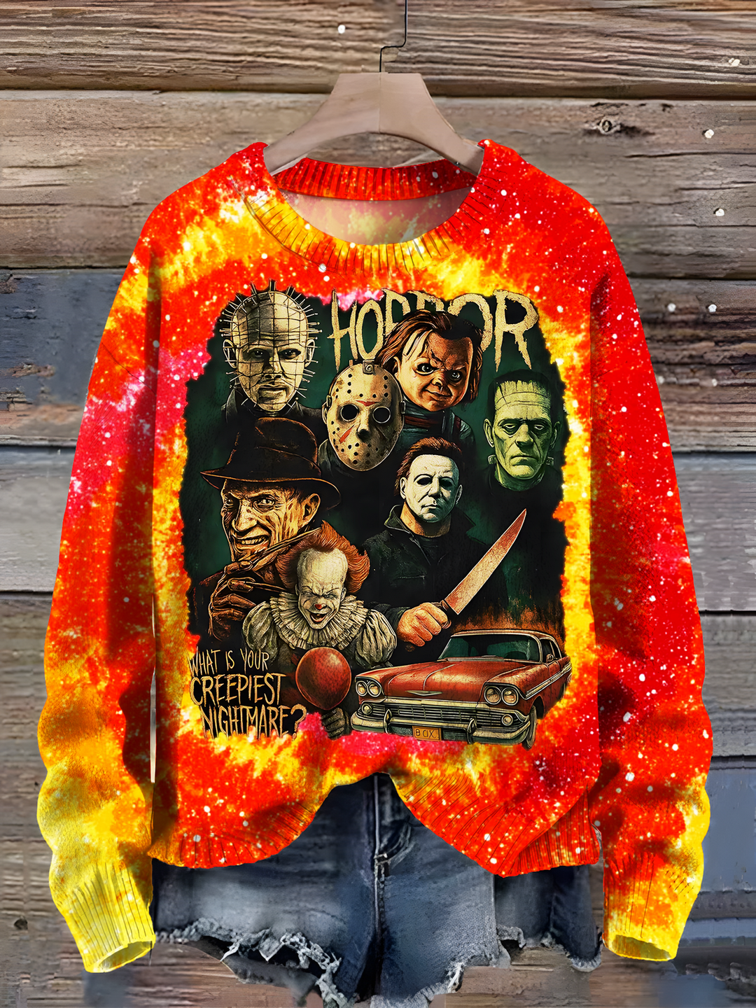Retro Halloween Print Casual Crew Neck Pullover Sweater