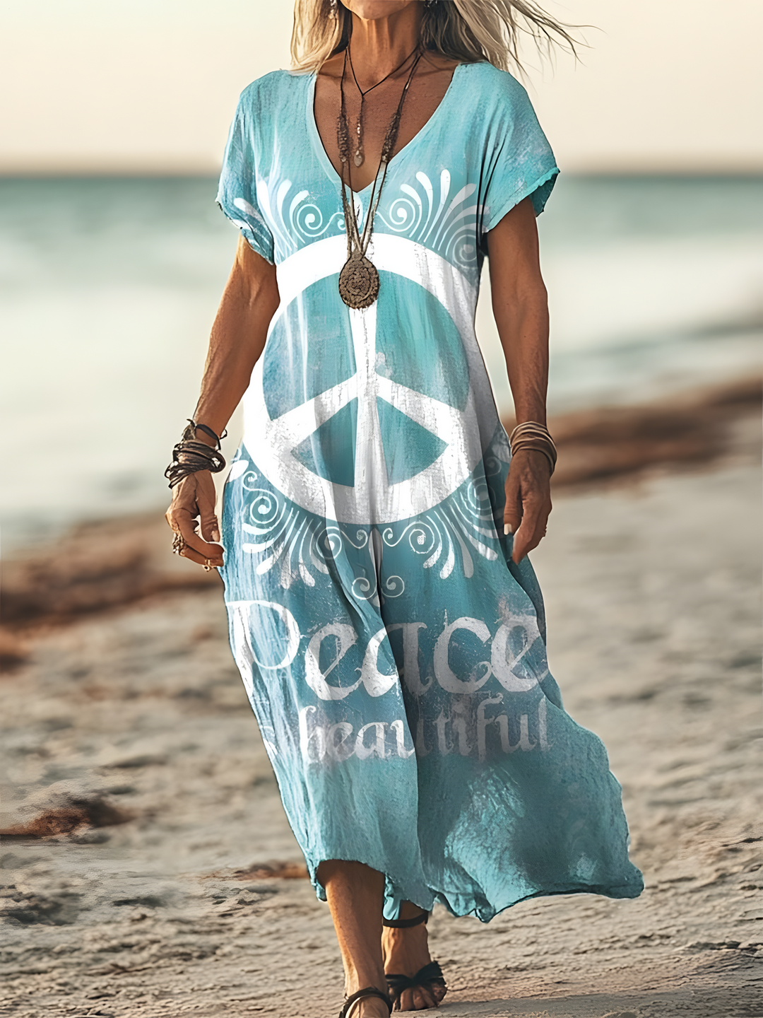 Peace Is Beautiful Hippie Art V-neck Short Sleeved Long Dress
