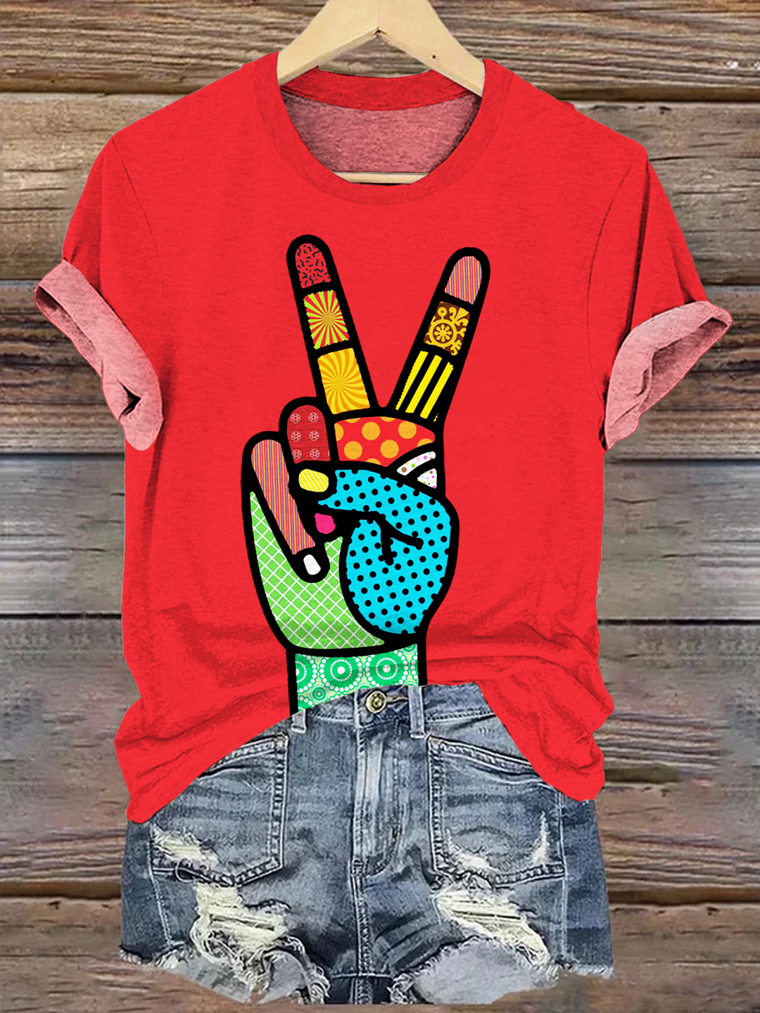 Retro Hippie Peace Hand Crew Neck T-shirt