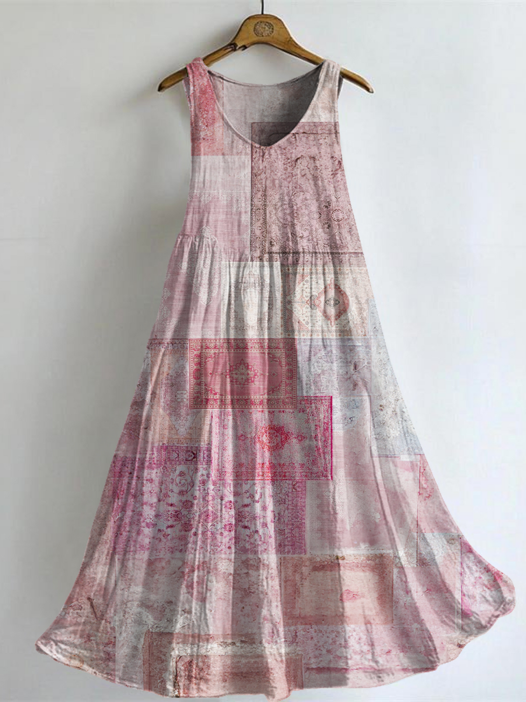 Retro Hippie Ethnic Style Collage Art V-neck Bamboo Linen Sleeveless Dress