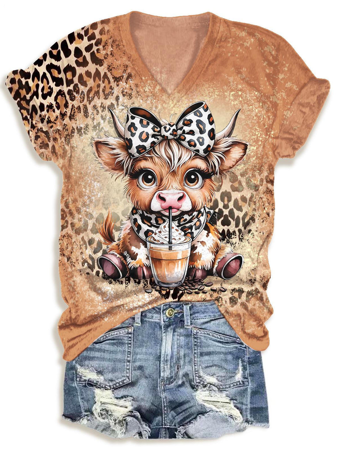 Autumn Leopard Highland Cattle Print V-neck T-Shirt