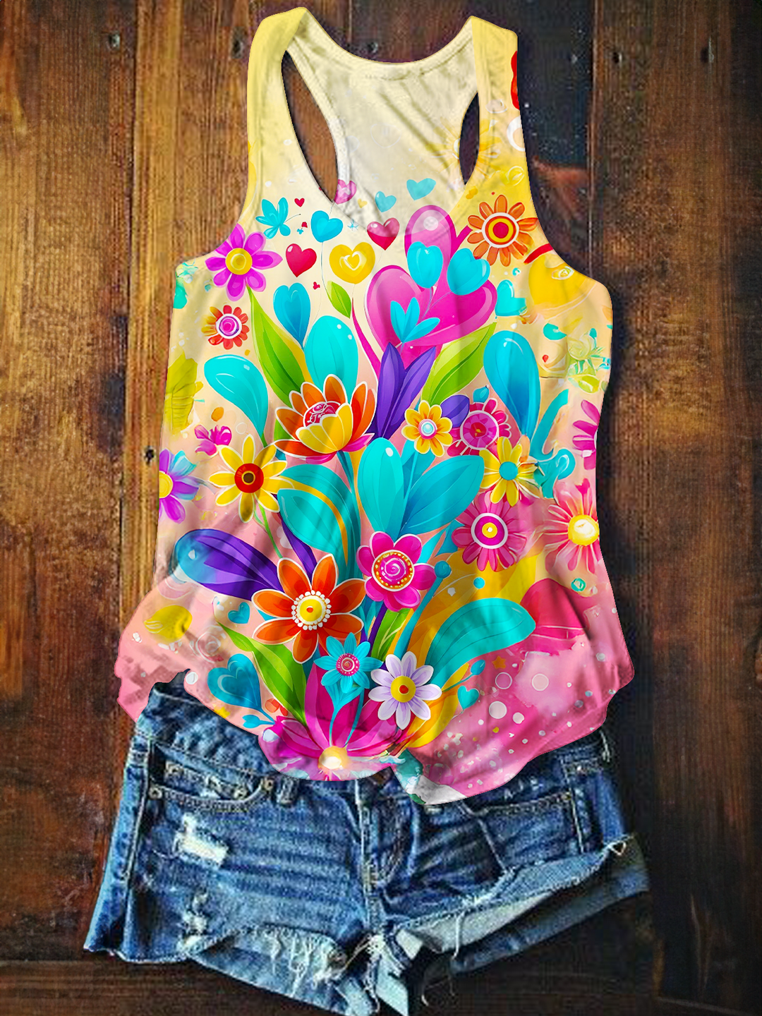 Colorful Hippie Floral Love Printed Casual Tank Top