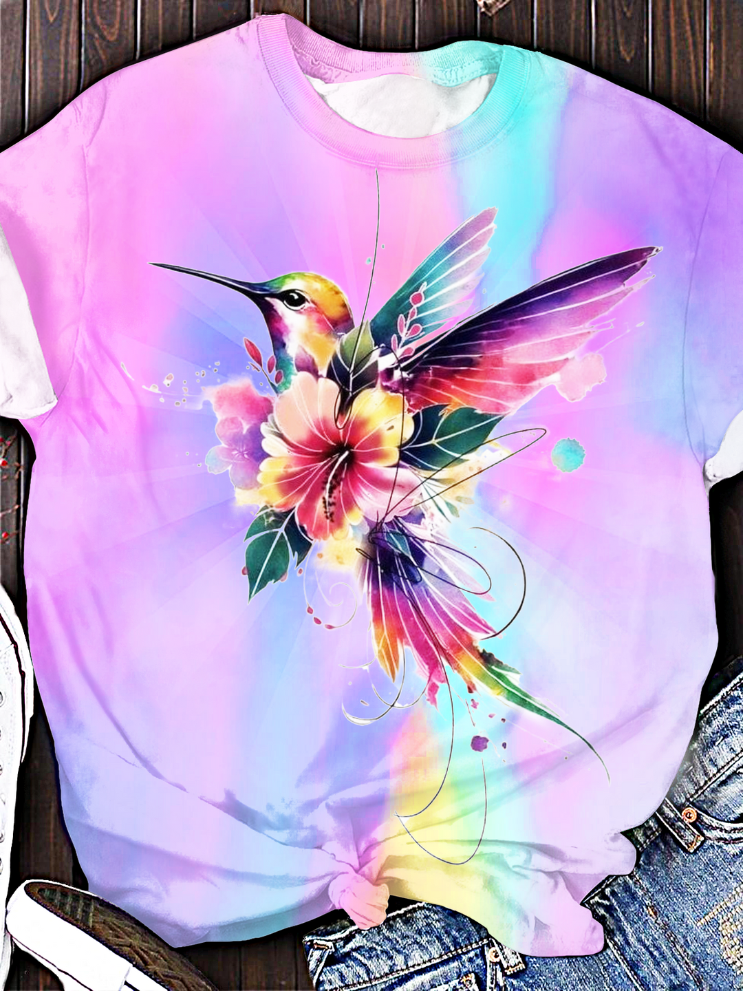 Sparkling Flowers Hummingbird Art Crew Neck T-shirt